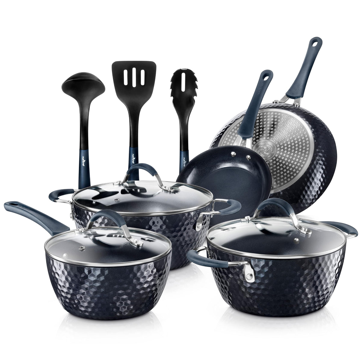 NutriChef 11 Pc Blue Diamond Nonstick Ceramic Cookware Set - Durable Pots and Pans with Cool-Touch Handles, Lids, Utensils