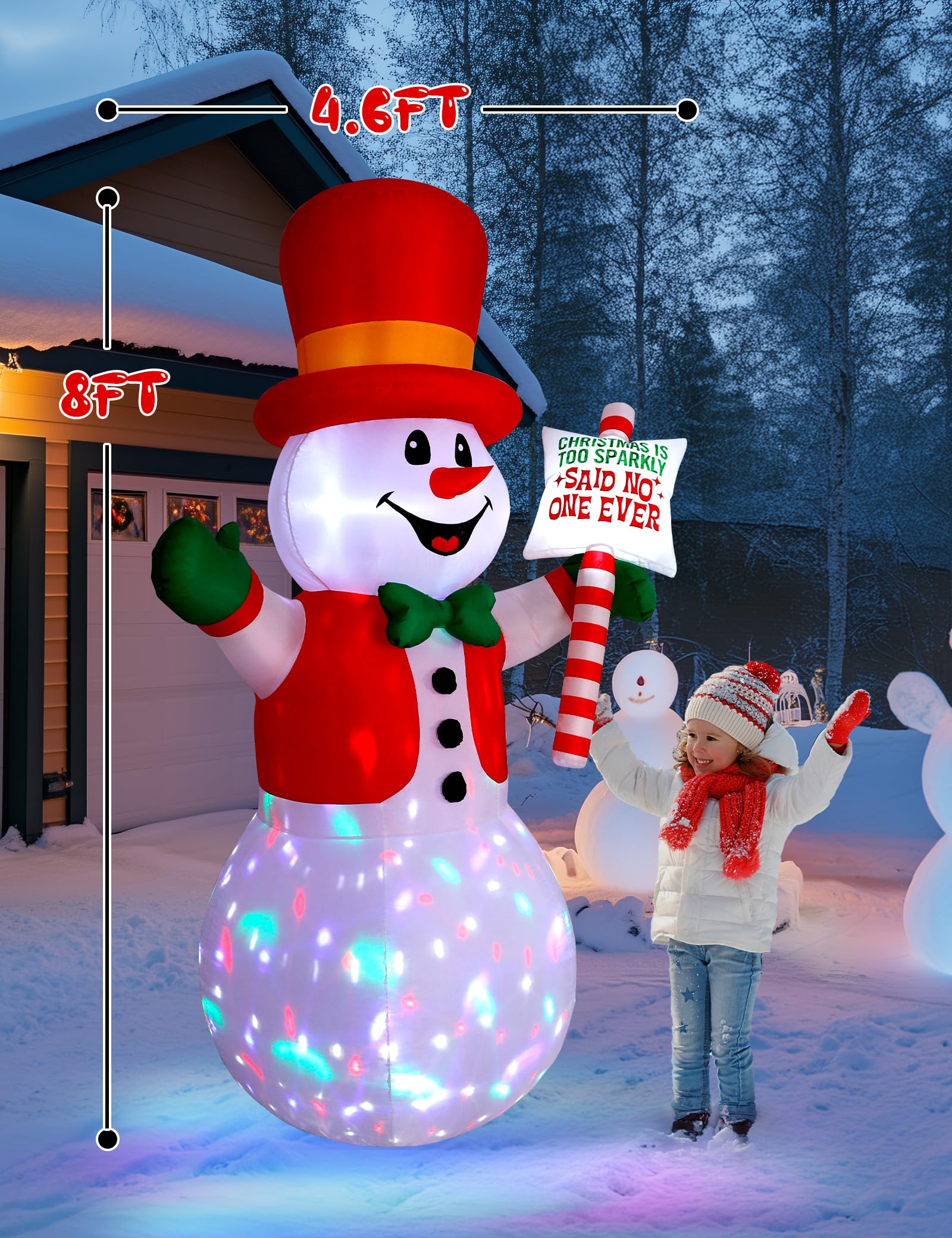 8ft Christmas Inflatable Outdoor Decoration Snowman, Gentleman Snowman Holding Sign Welcoming Guest, Built-in Rotating Disco Lig
