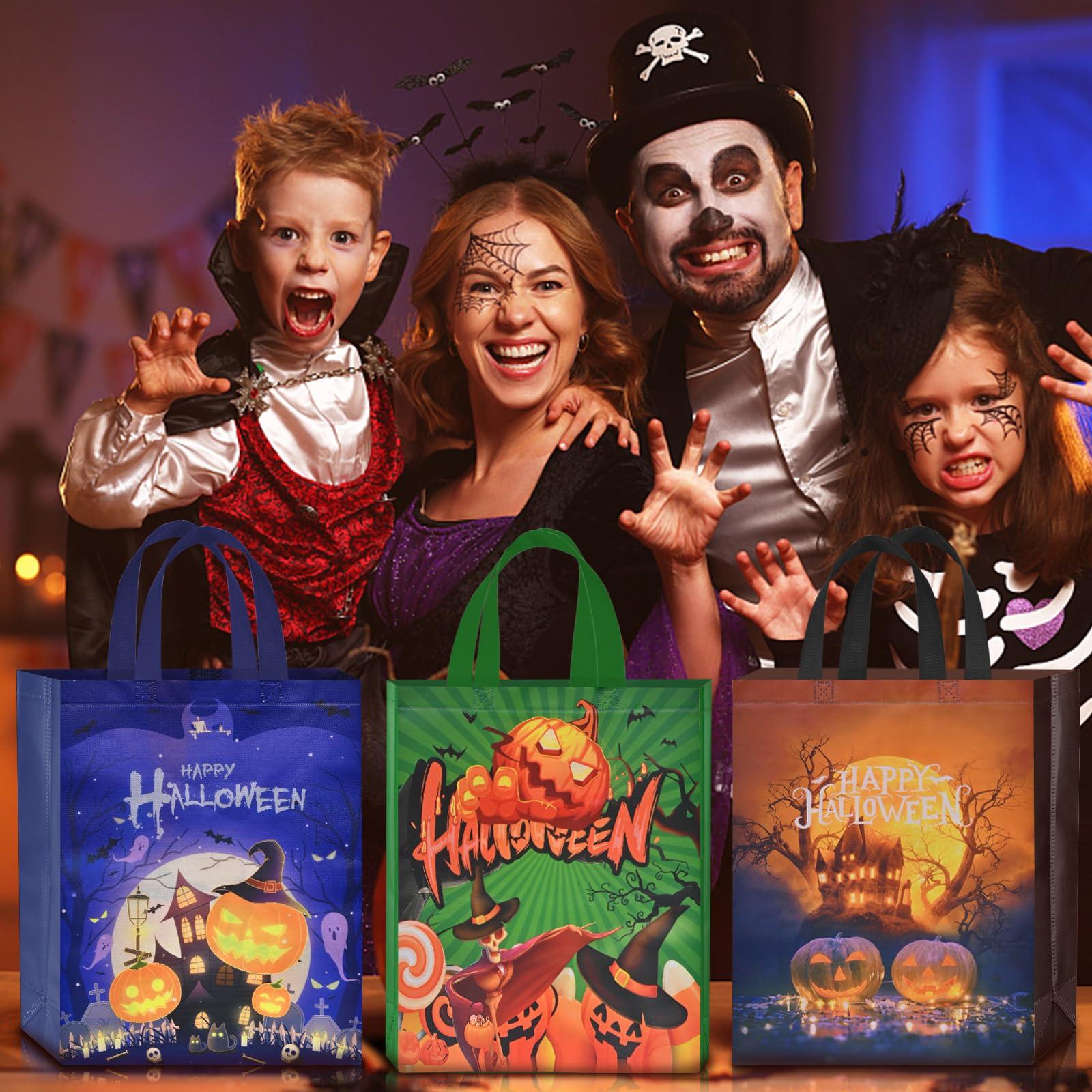 Ahfulife 12 Pcs Halloween Trick Or Treat Bags, Large Halloween Candy Tote Bags With Handles, Reusable Halloween Non-Woven Gift B