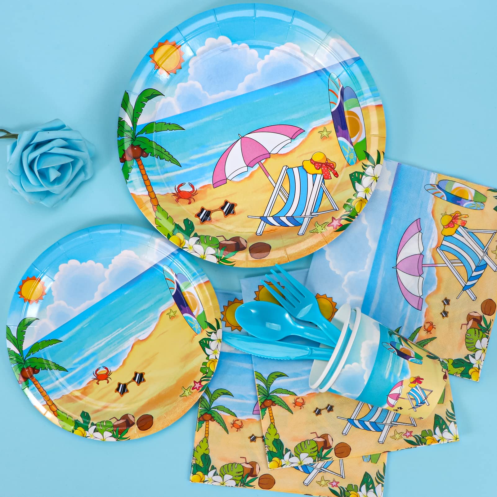 Atonofun Beach Party Supplies, Beach Plates And Napkins Set, Disposable Beach Plates, Cups, Napkins And Cutlery For Birthday, Po