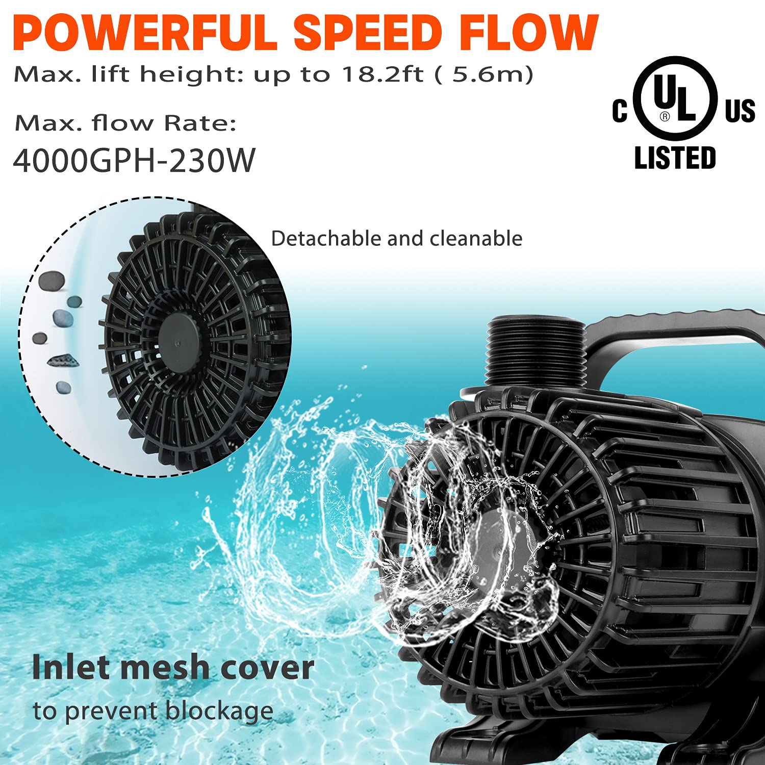 Waterrebirth (4000Gph-230W,Ul Listed) High Flow Submersible Water Pump - Pond Pump - Submersible Pump - Water Fountain Pump - Aq