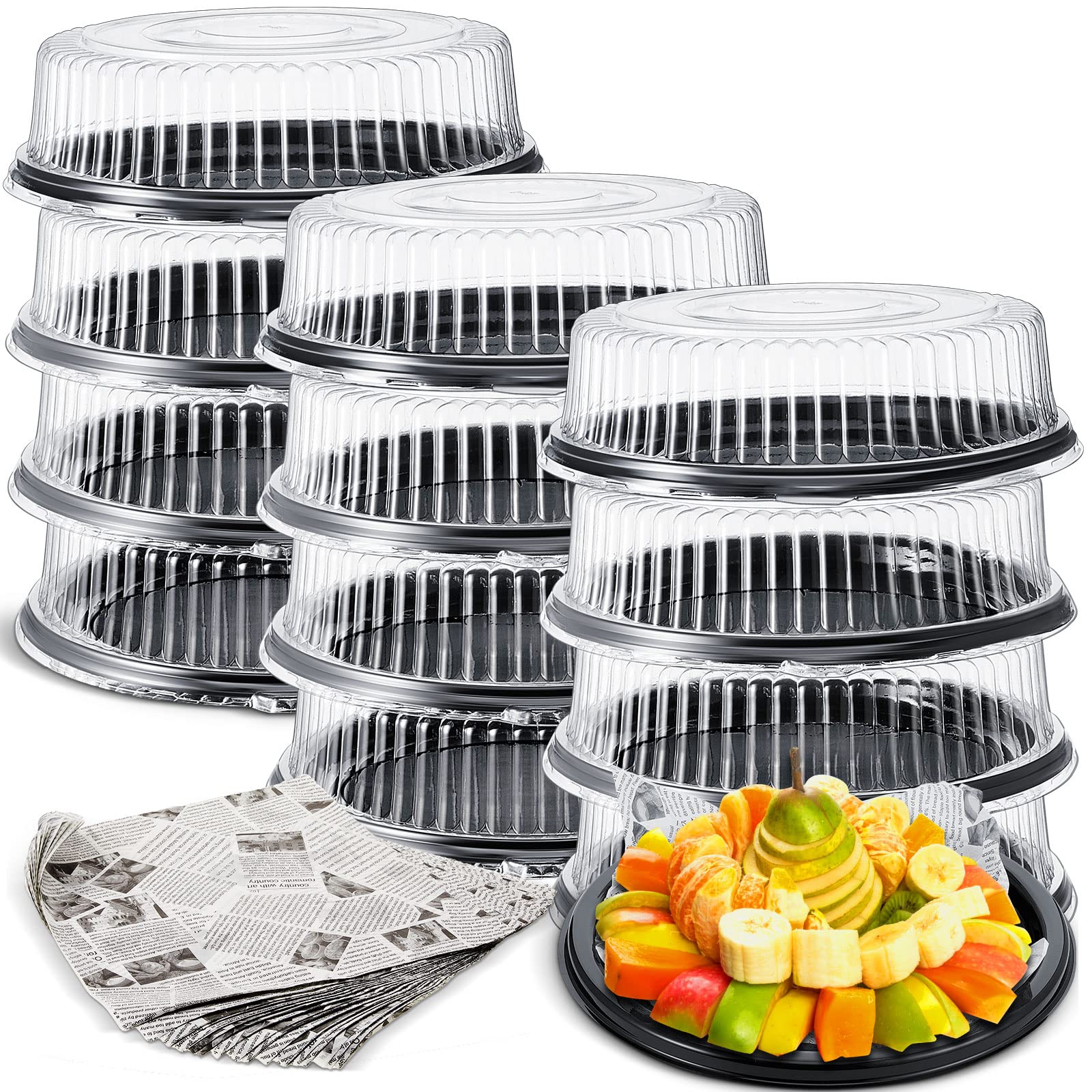 Tessco 12 Pack Heavy Duty, Repeatedly Plastic Serving Tray With Lid And 24 Pcs Deli Wax Paper Sheets Sets Large Plastic Party Pl