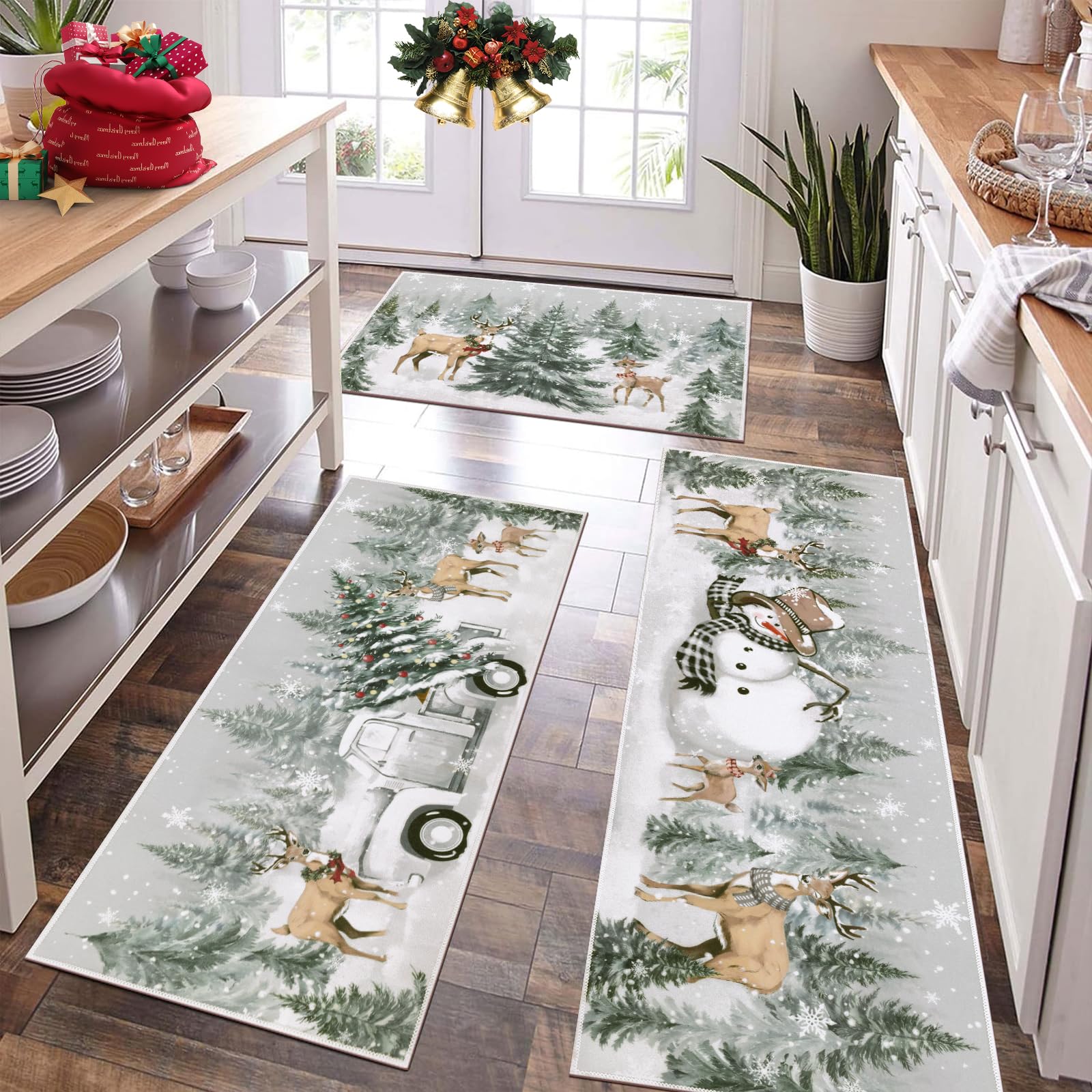 U Artlines Christmas Kitchen Rug and Mat Set of 3, Non Skid Xmas Tree Snowman Deer Kitchen Mats for Home Decor, Washable Runner