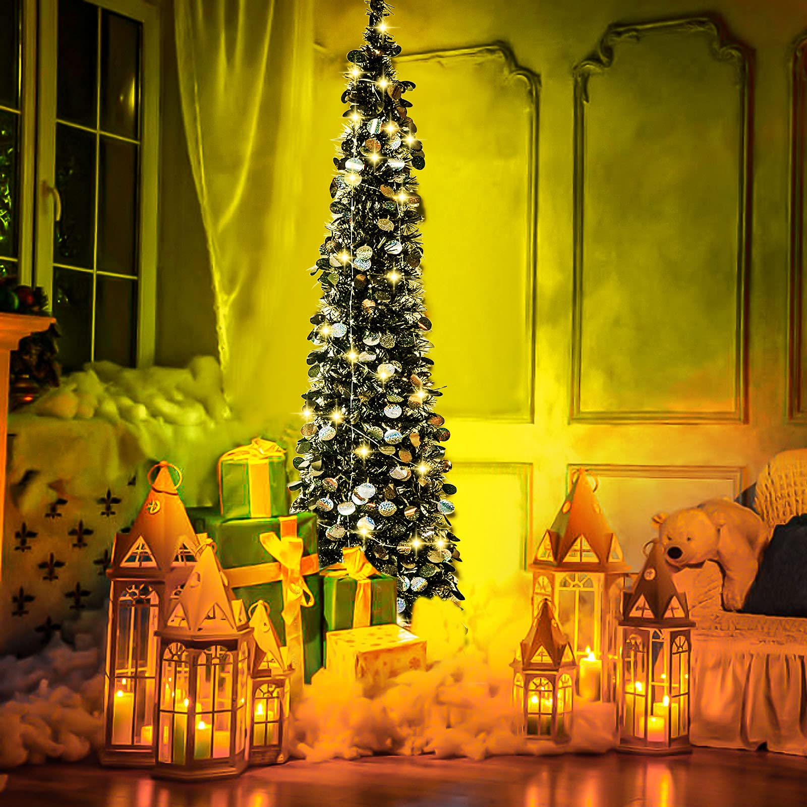 Black Halloween Christmas Tree with 50 Lights,5ft Pop Up Artificial Collapsible Pencil Tinsel Trees for Bedroom Decorations Holi