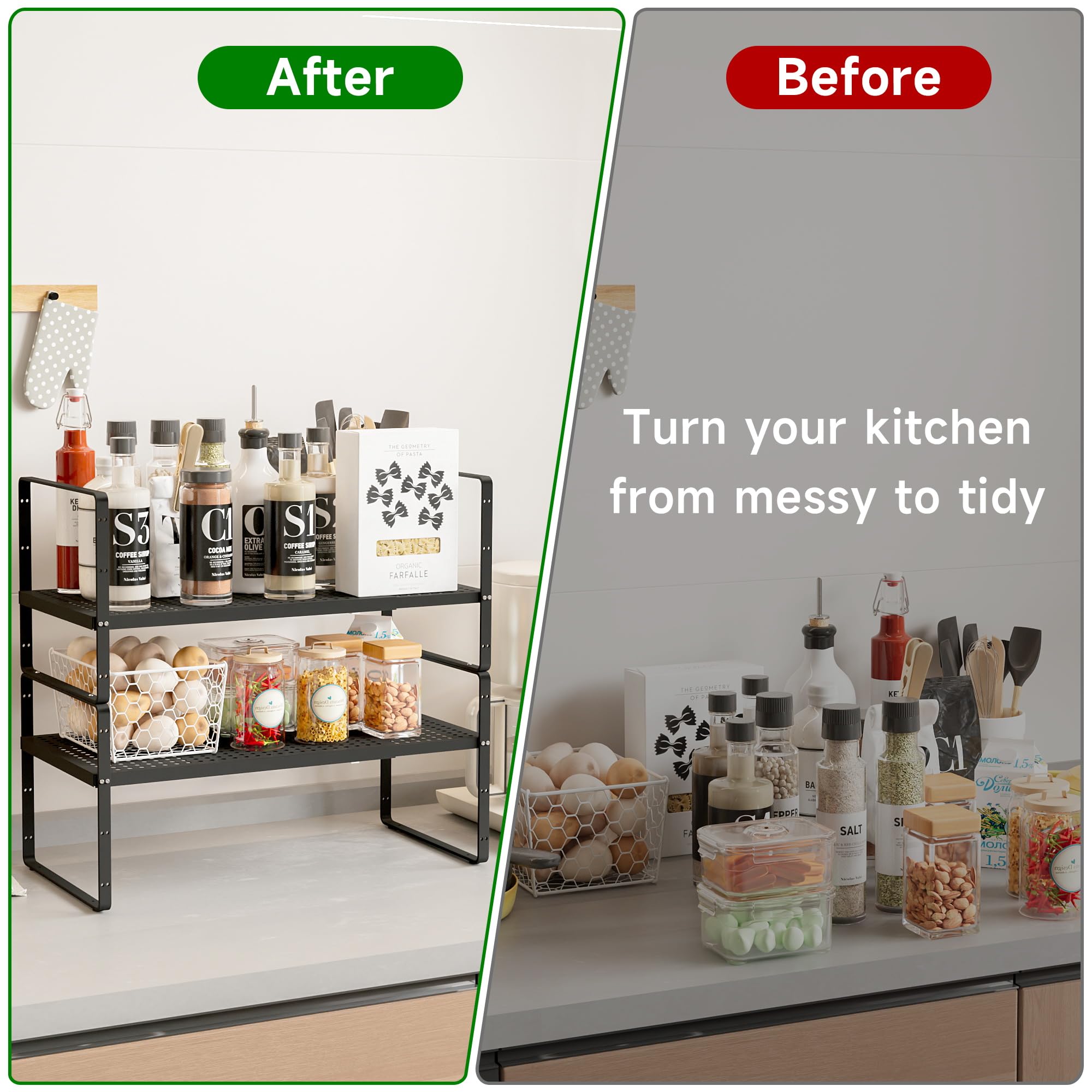 Expandable Kitchen Cabinet Shelf Organizer Rack Heavy Duty Metal Spice Rack Stackable Kitchen Counter Storage Shelf For Kitchen