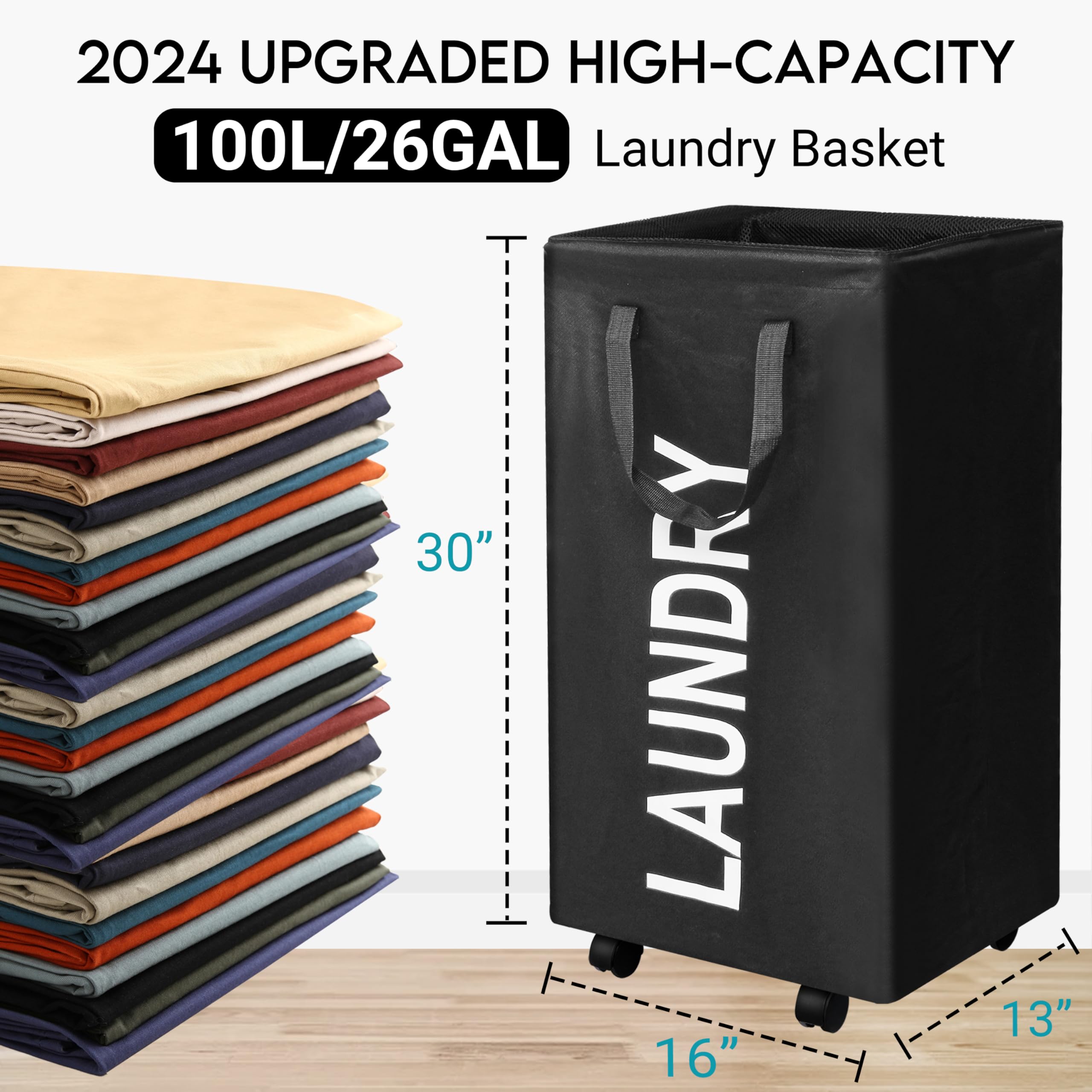 Zoes Homeware 100L Large Laundry Basket With Wheels, 26 Gal Rolling Laundry Hamper With Handle, 30'' Tall Rectangular Laundry Ba