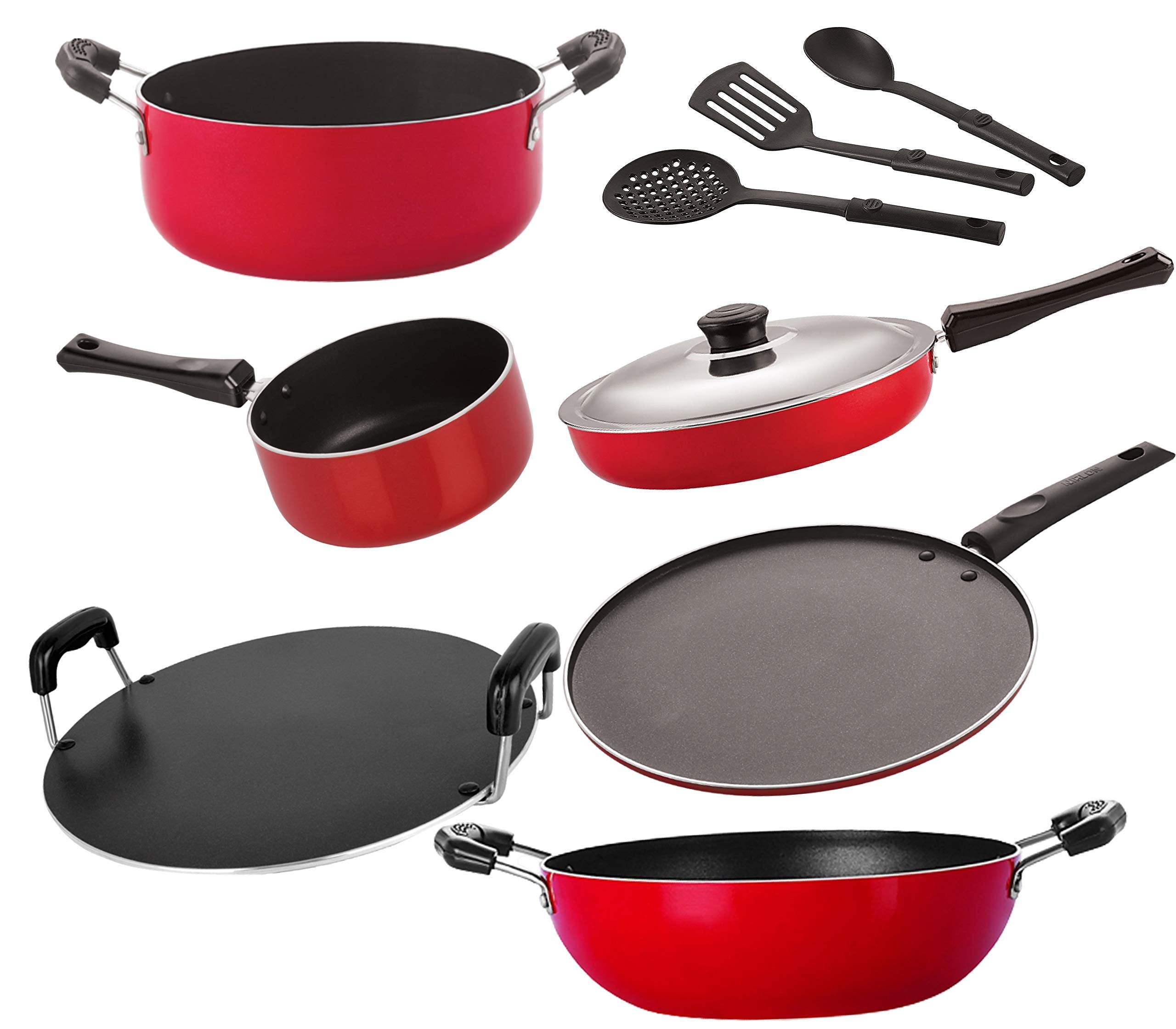 Nirlon NonStick Coated Dishwasher Safe Cookware Utensil Combo Gift Set Offer9 Pcs [26_Fp13_Kd14_Spb_Rt_Cass20_St11_3Spn]
