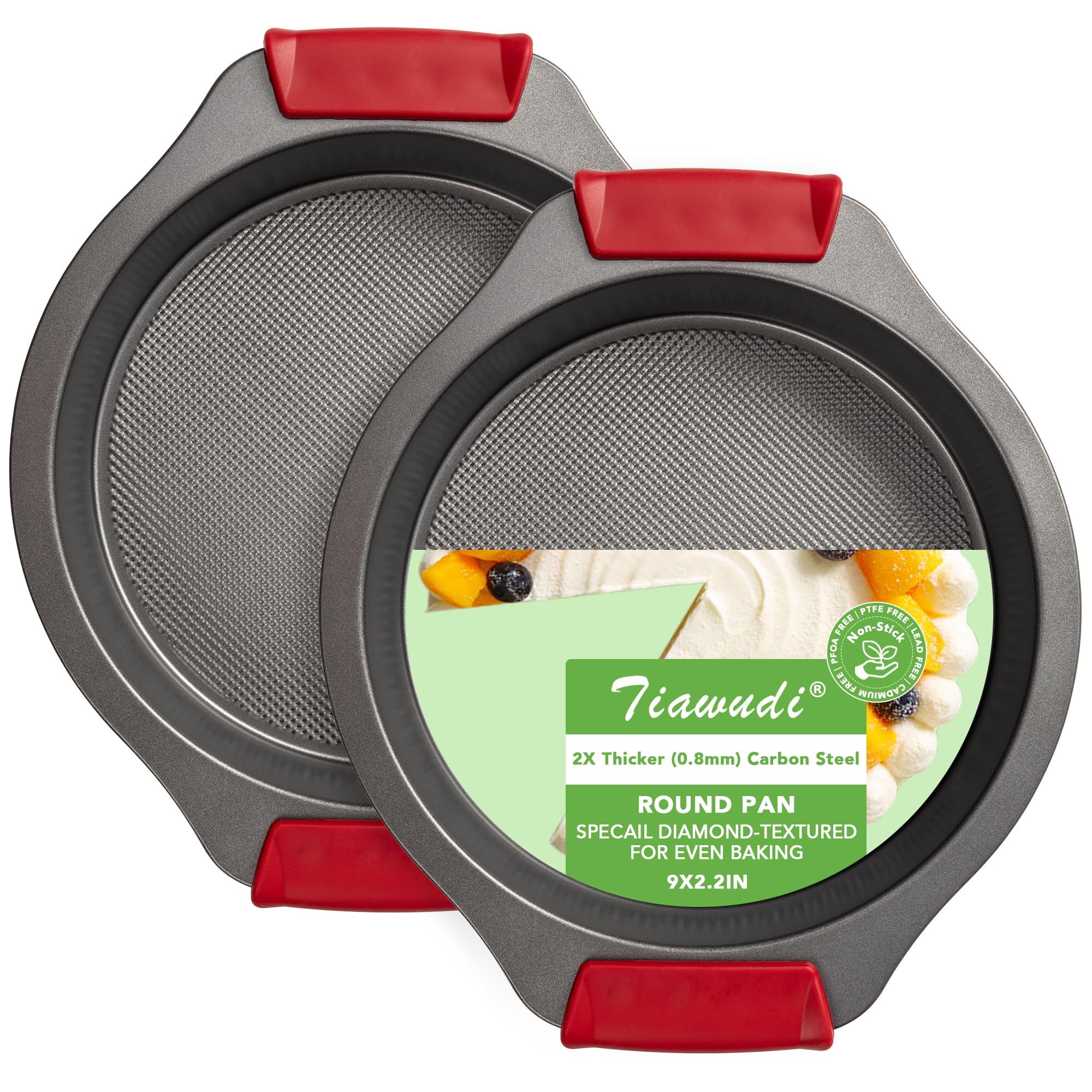 Tiawudi 9 Round Cake Pan Set of 2, 0.8mm Thick Heavy Duty Bakeware for Tiered & Layered Cakes, Nonstick Baking Pan with Diamond