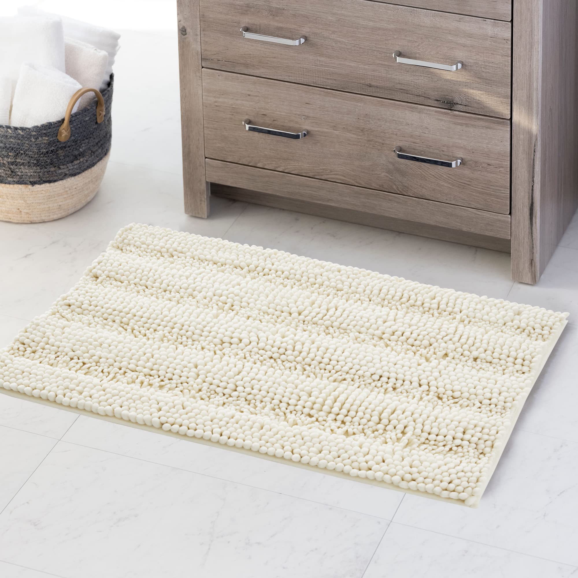 Washable Bath Mats White Rugs For Bathroom - Chenille Anti-Skidding Water Absorbent Machine Washable Quick Dry Kitchen Mats For
