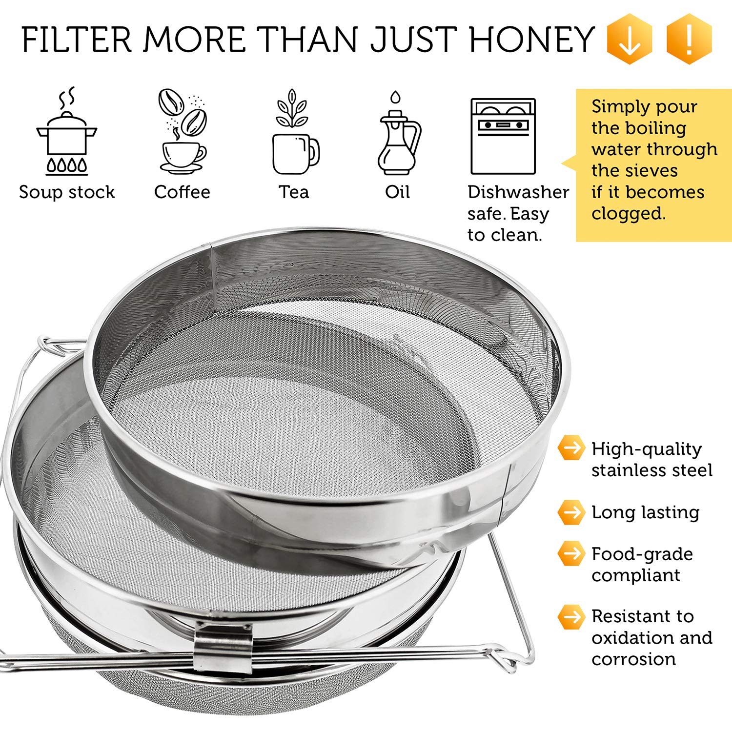 Rural365 Honey Filter, 2 Piece - Honey Extractor Equipment, Honey Bucket Strainer Honey Extractor Stainless Steel Sieve