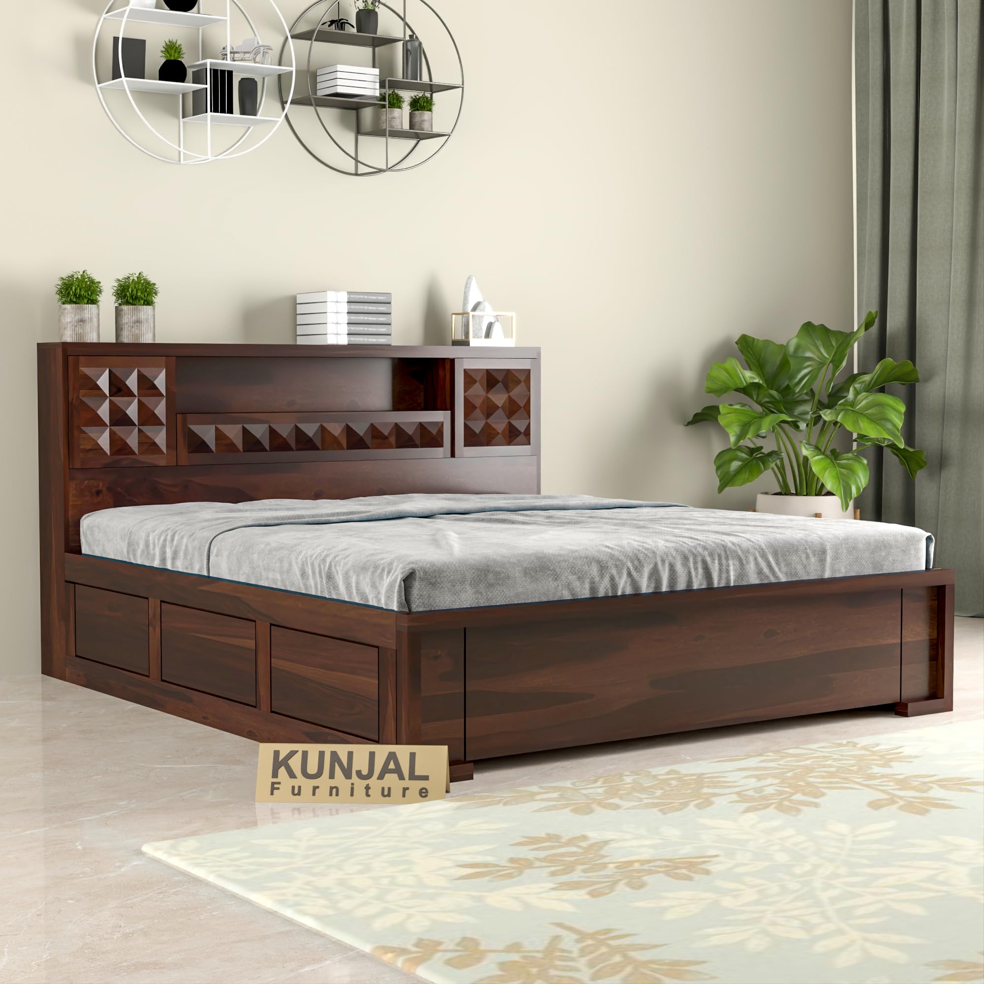 Kunjal Furniture Solid Sheesham Wood Queen Size Bed With Box Storage | Wooden Bed For Bedroom | Contemporary Carved Headboard | 
