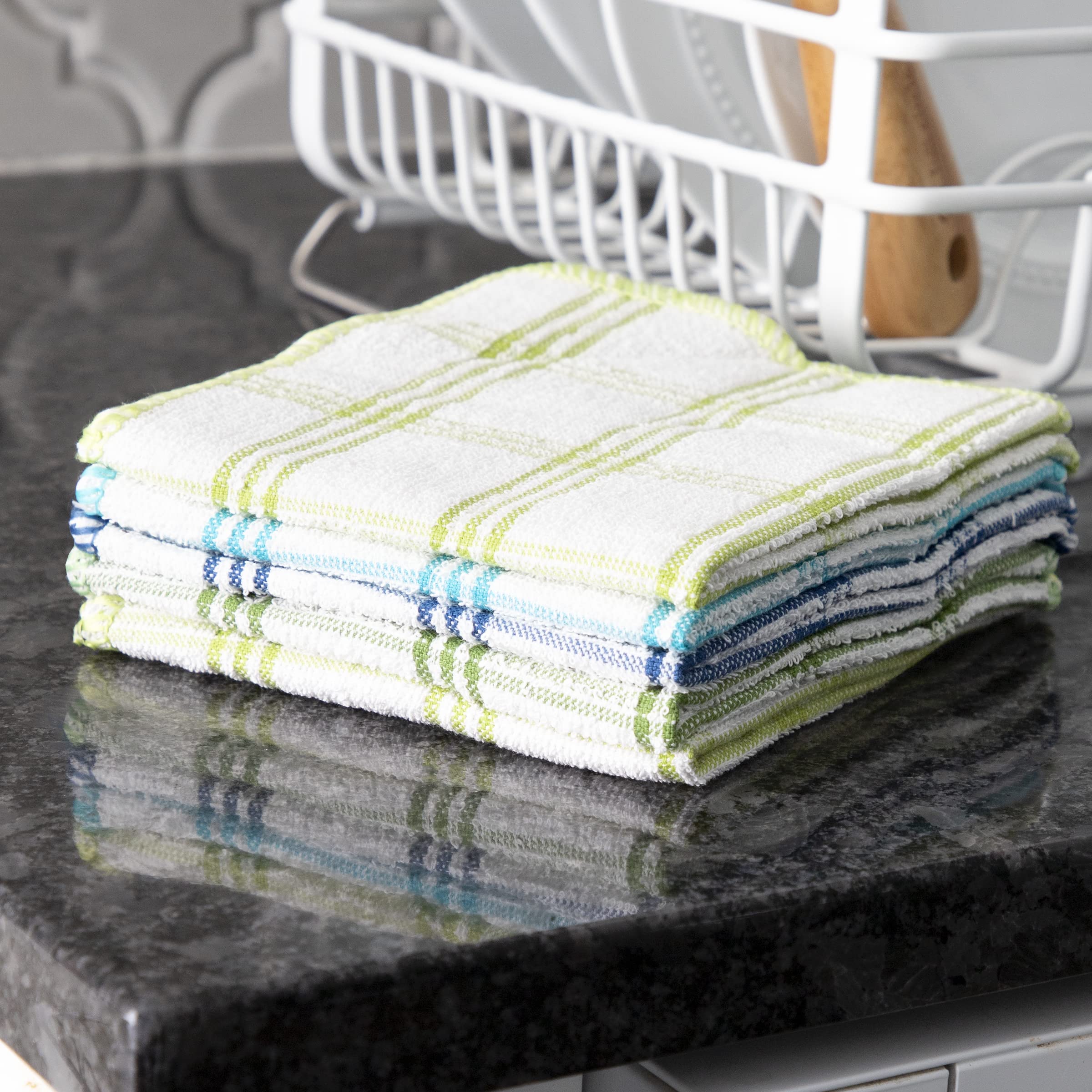 Ritz 100% Cotton 12-Inch X 12-Inch Kitchen Dish Towel, Gentle Cleaning Wash Cloth With Poly Scour Side, Blue/Green, 5-Pack