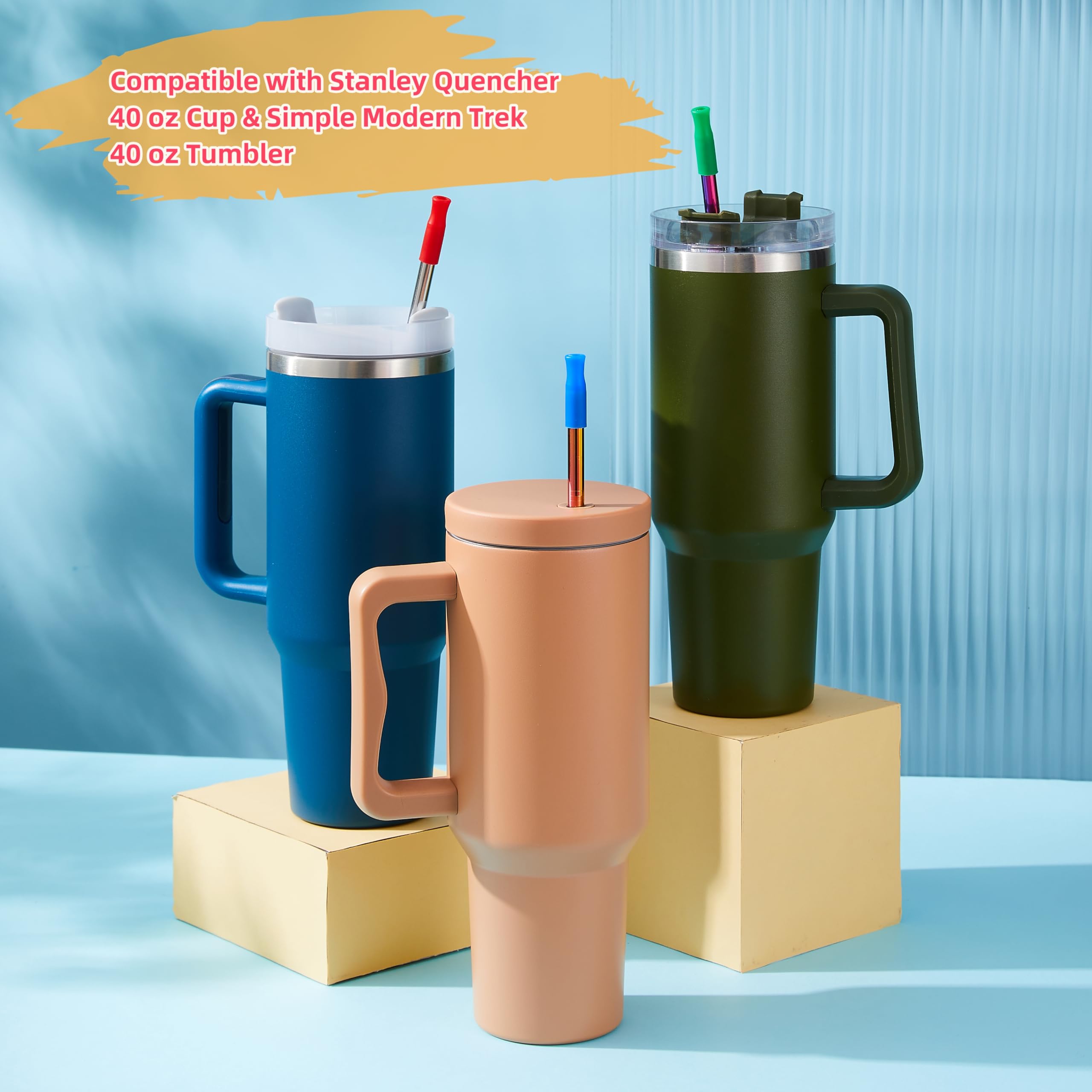 Wobye 12'' Tall Metal Straws Replacement For Stanley Quencher 64 40 30Oz Cup, 4 Pack Long Stainless Steel Straw With Silicone Ti