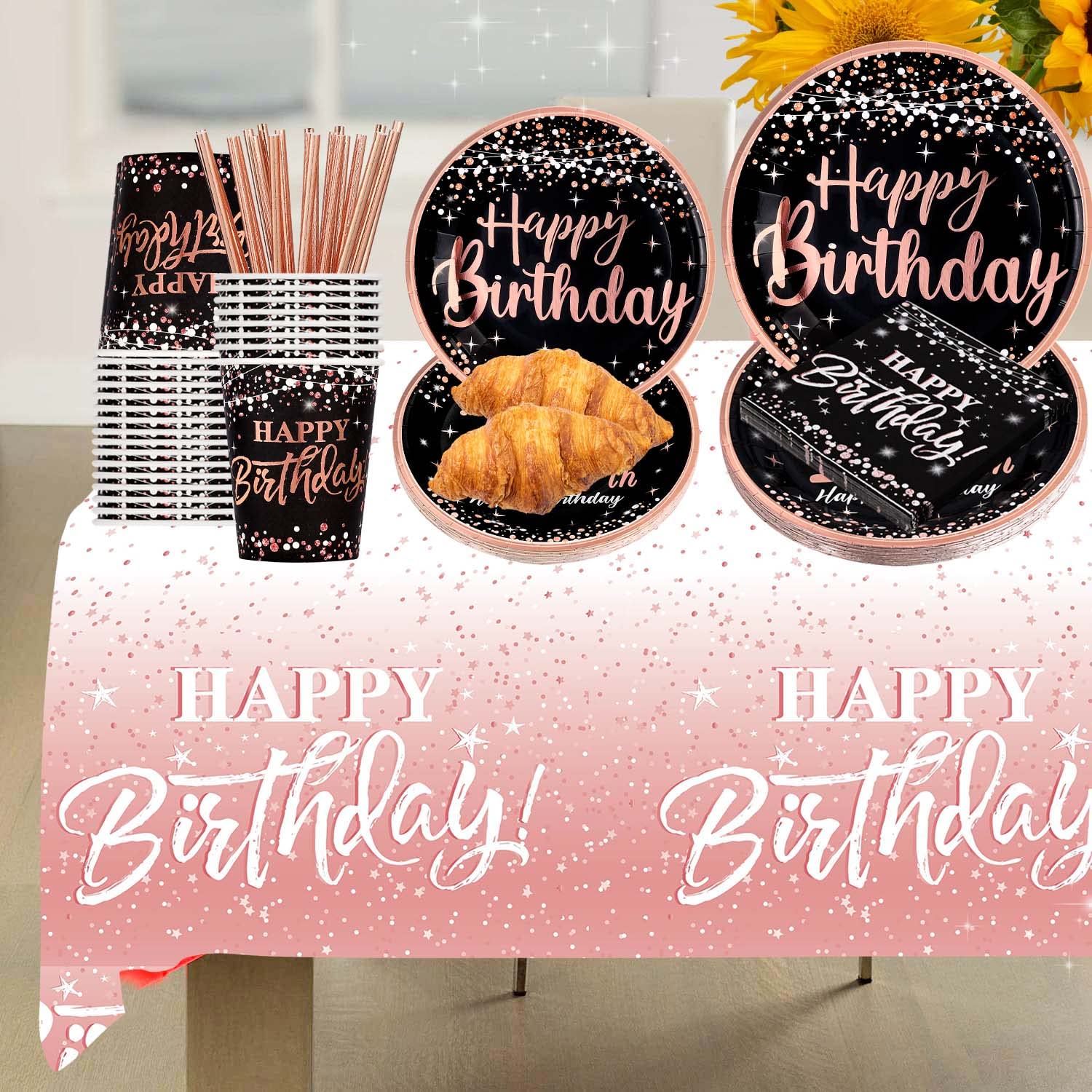 Happy Birthday Decorations Plates For Women - (Total 121Pcs) Rose Gold Plates And Napkins Party Supplies, Cups, Straws, Tableclo