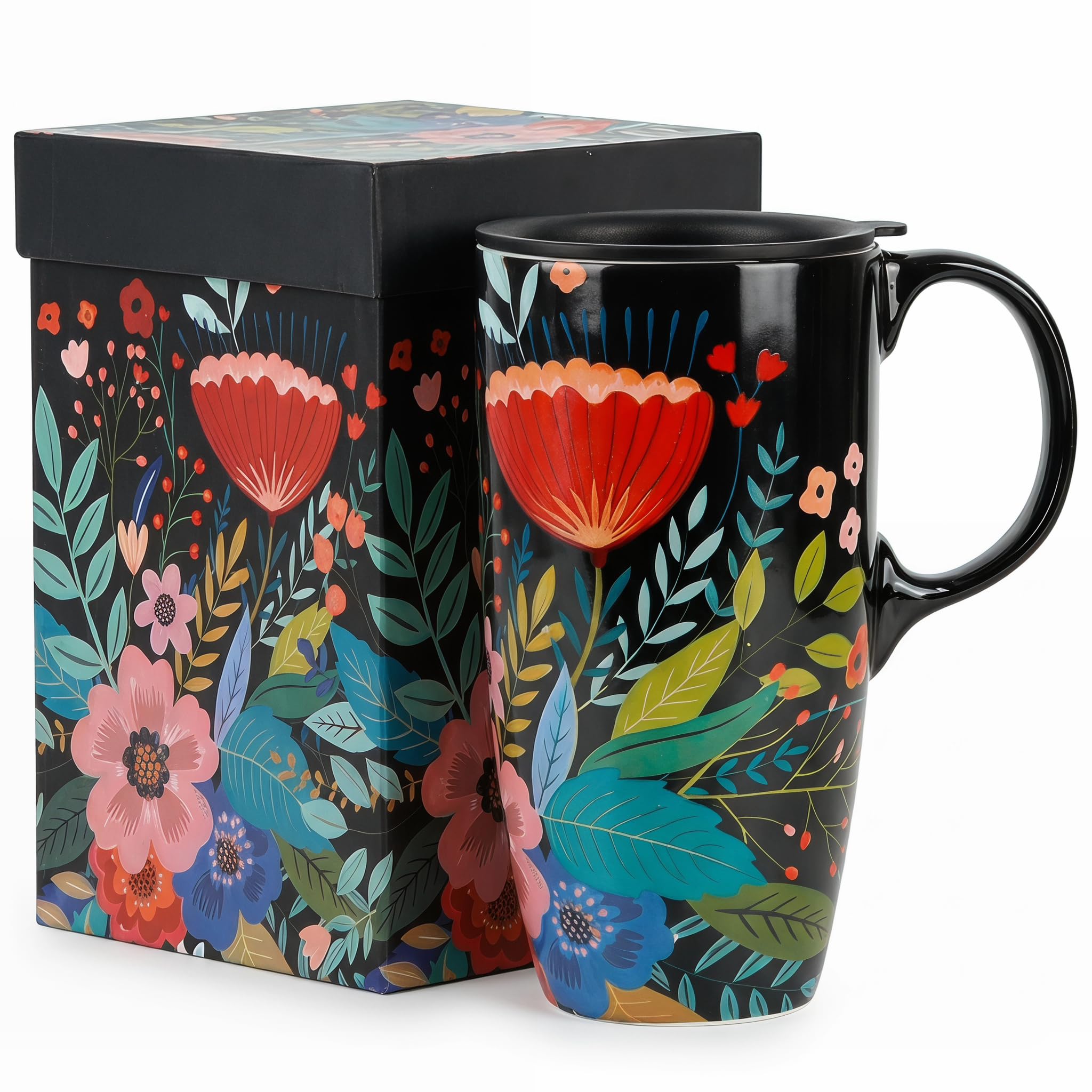 Topadorn 17oz Ceramic Coffee Mug with Lid, Floral Coffee Mug with Gift Box