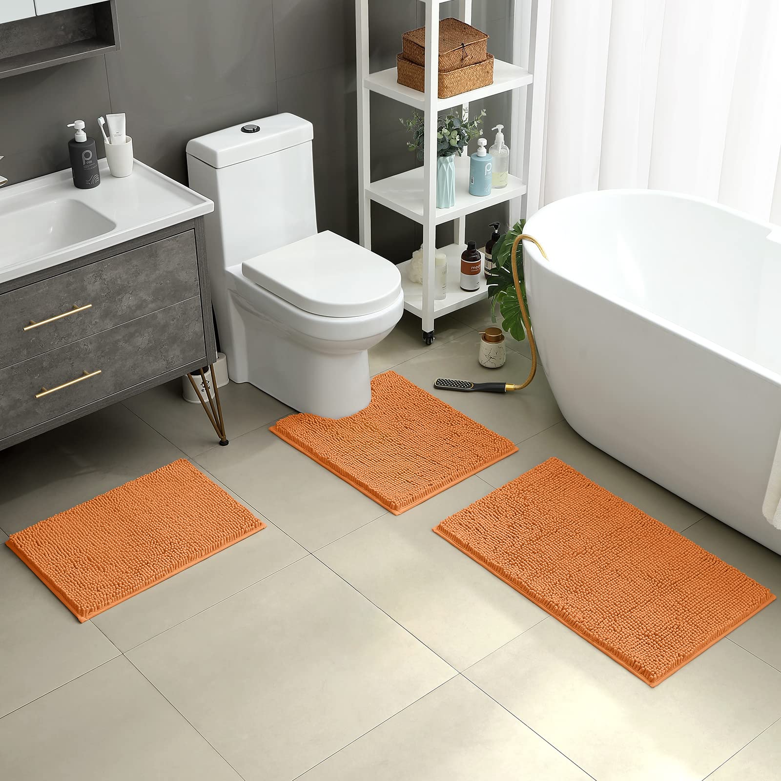 HOMEIDEAS 3 Pieces Bathroom Rugs  Ultra Soft Non Slip Absorbent Chenille Toilet Bath Mat Set (Orange)