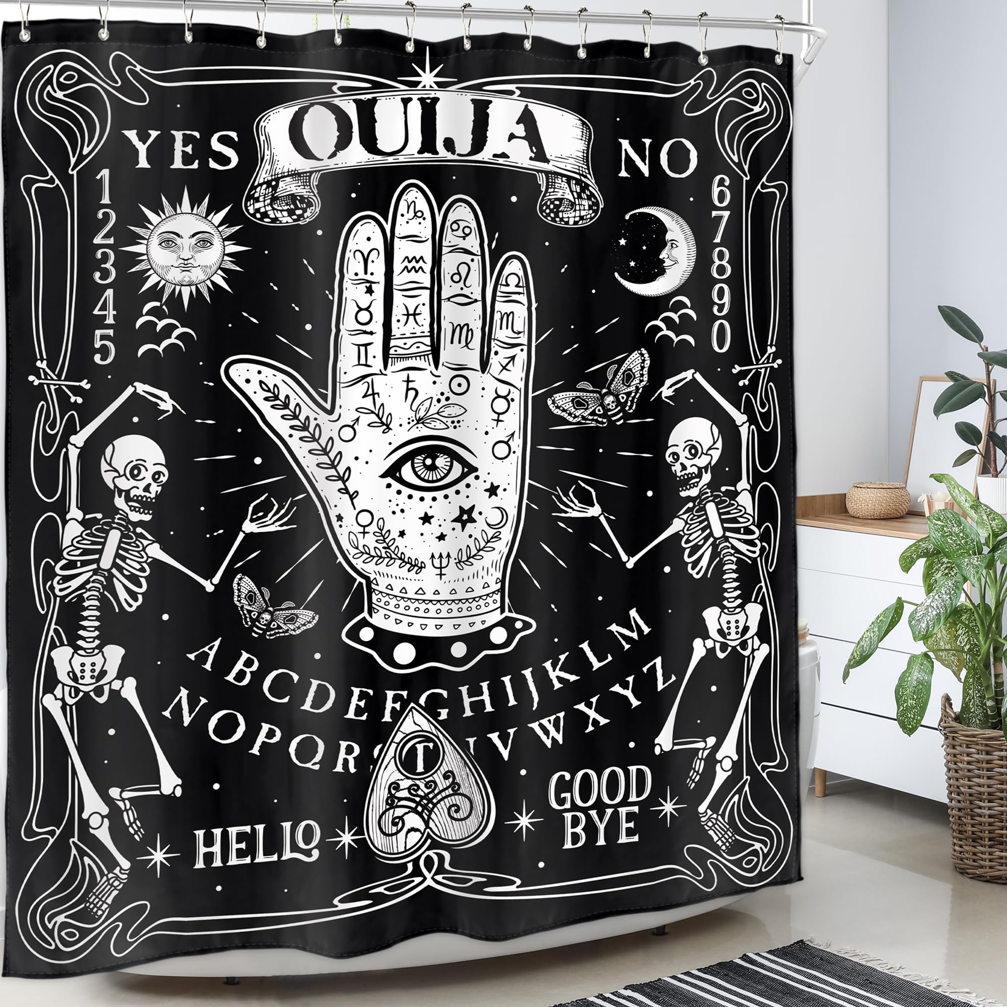 Homewelle Gothic Hands Shower Curtain Black Skeleton Witchy Eye Moth Tarot Ouija Palmistry Psychic Sun Moon Spooky 60Wx72H Inch