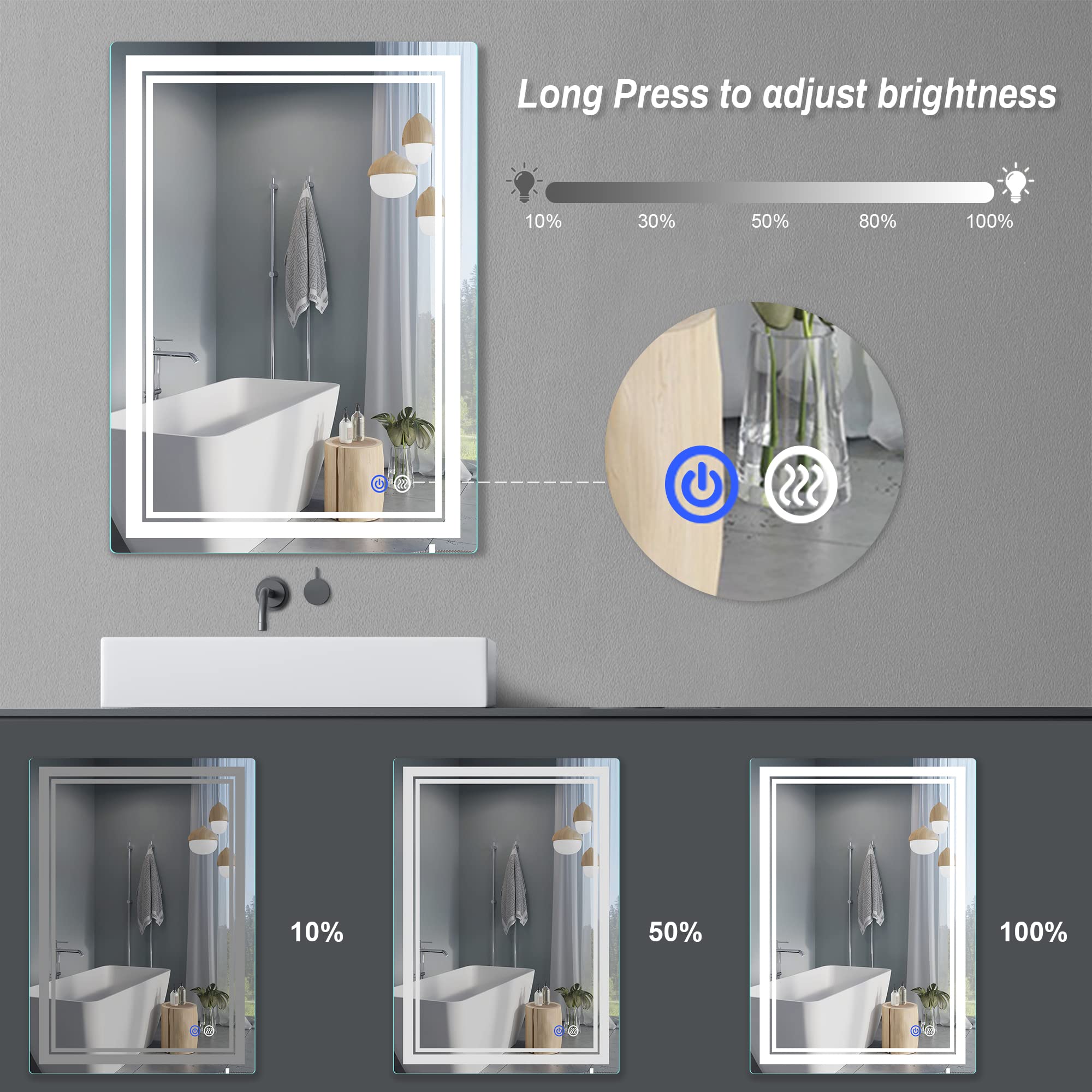 Fitland 28''X 20'' Led Bathroom Mirror Vanity Mirror, Anti-Fog, Dimmable, Color Temperature Adjustable 3000-6000K, Switch-Held M