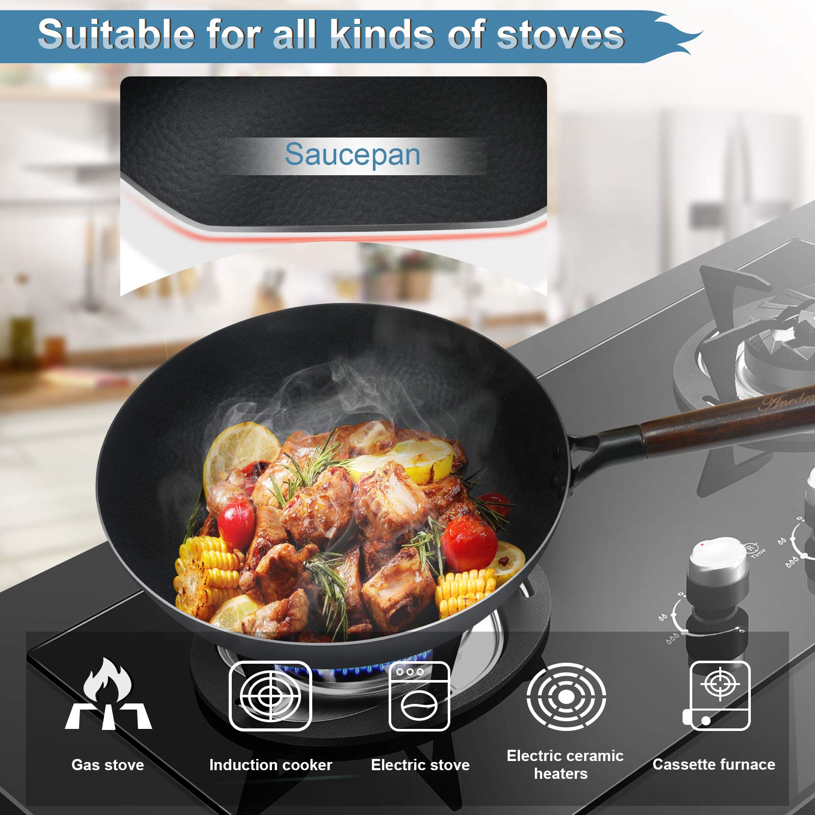Aneder Carbon Steel Wok Pan With Lid & Wood Spatula, 12.5'' Cast Iron Stir Fry Pan With Flat Bottom And Wooden Handle For Electr