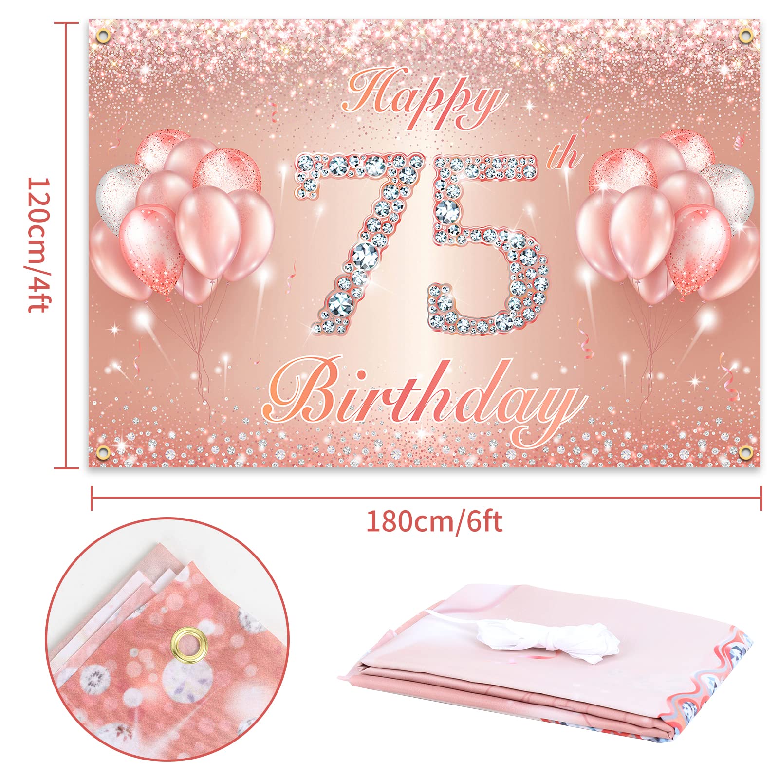 Happy 75Th Birthday Banner Backdrop - 75 Birthday Party Decorations Supplies For Women Or Men - Rose Gold 4 X 6Ft