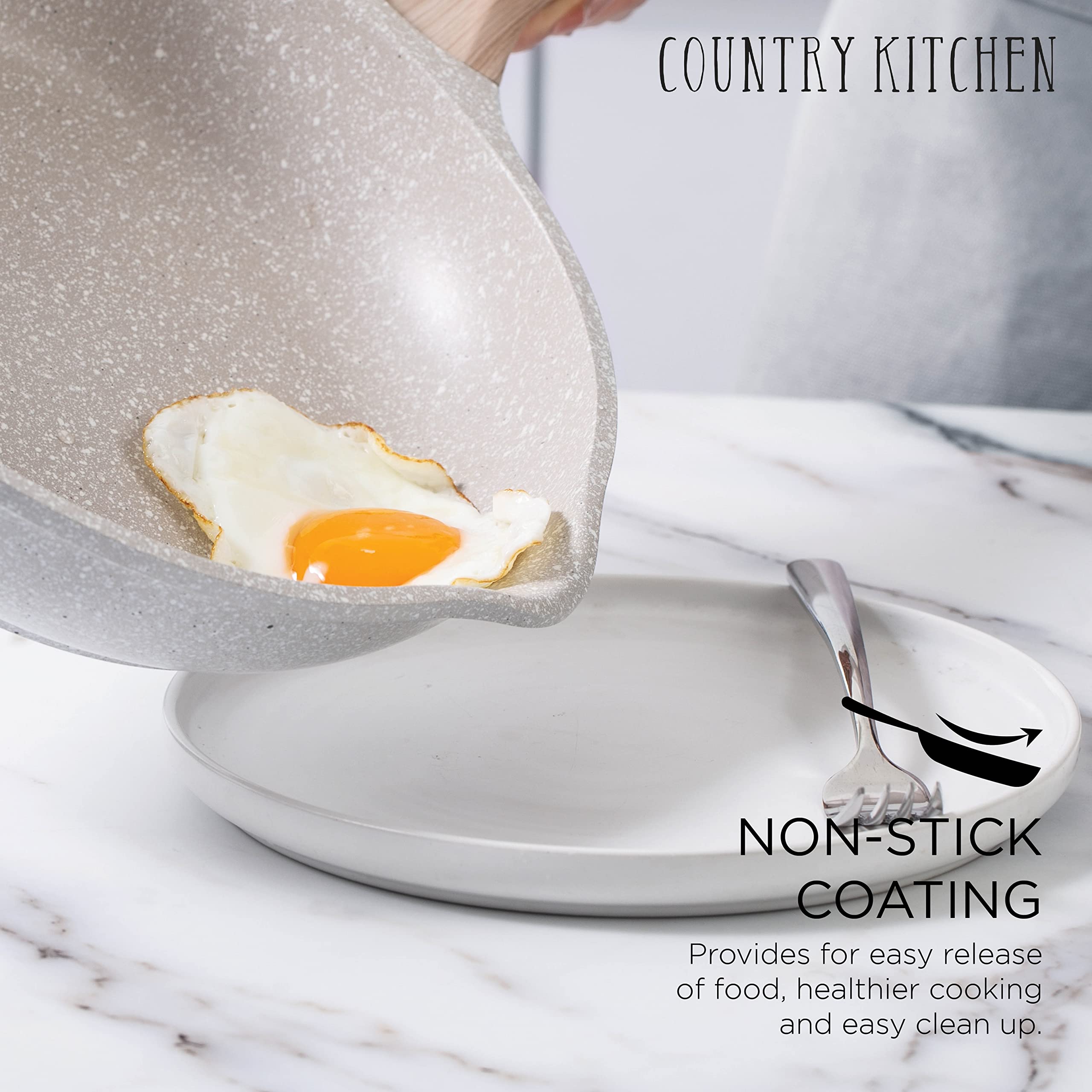 Country Kitchen Non-Stick Cookware Set, 8 Pc. Speckled Cream, Durable Aluminum Kitchenware for Everyday Cooking
