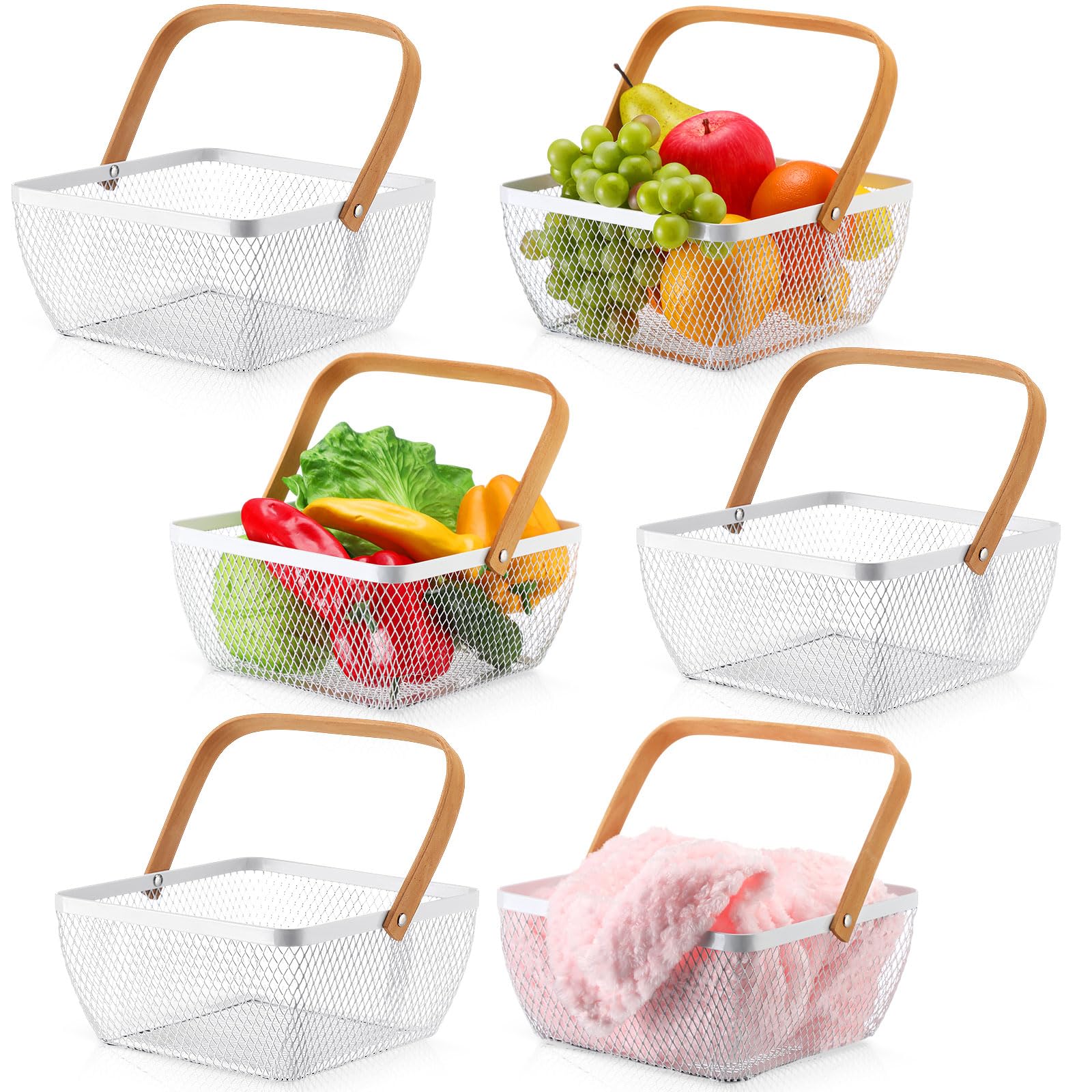 6 Pcs Metal Mesh Steel Basket with Handle Small Shopping Baskets Square Wire Harvest Storage for Kitchen Storage Garden Picnic B