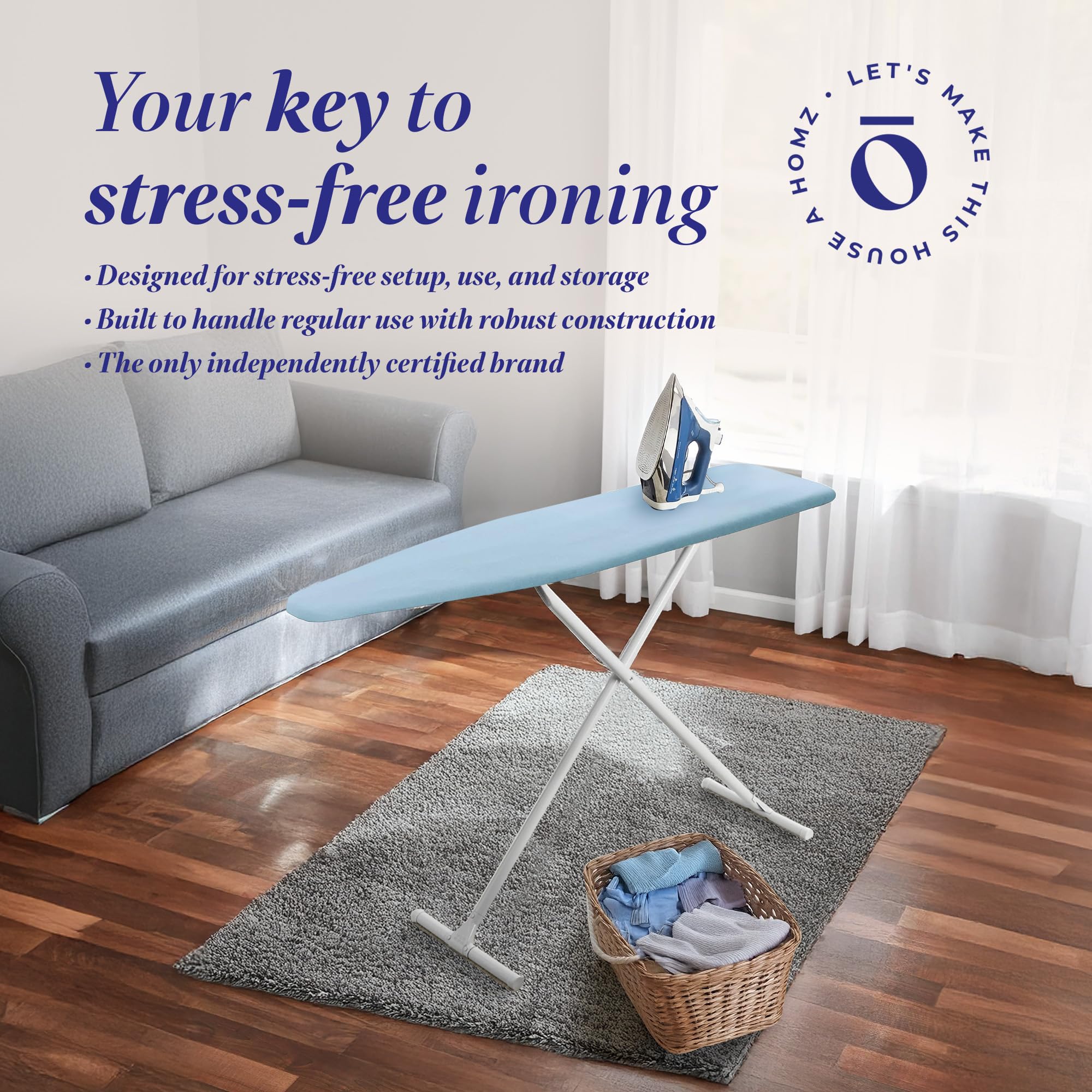 Homz T-Leg Clothes Ironing Board, Compact Foldable Standard Size Adjustable Height With Foam Pad & Cotton Cover, Light Blue