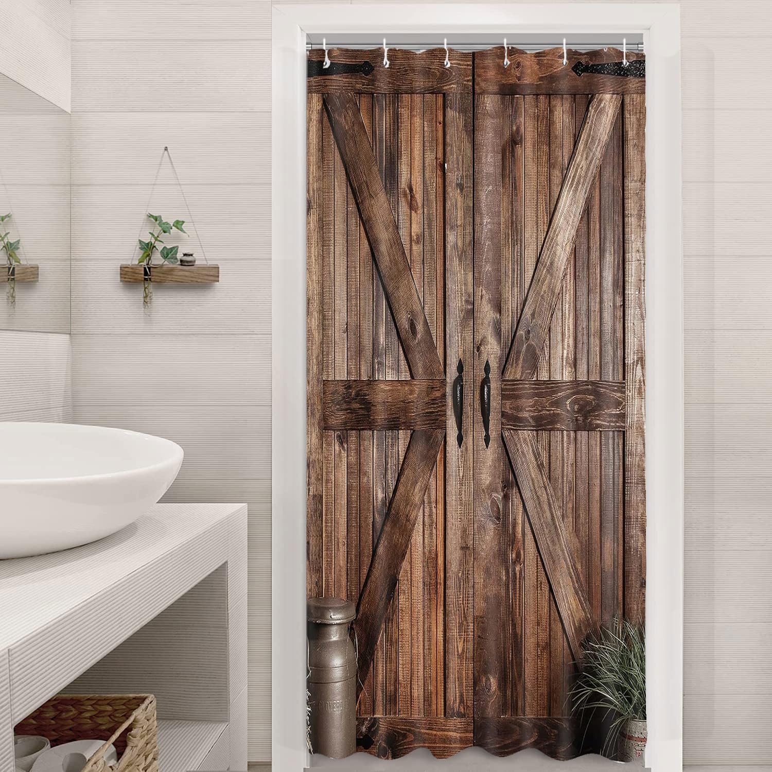 Rustic Barn Door Shower Curtain Set, Western Cowboy Shower Curtains, Farmhouse Country Cactus Shower Curtains For Bathroom, Farm