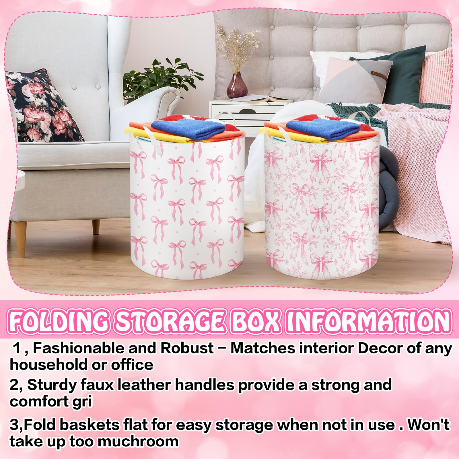 Croblissful 2 Pcs Pink Bow Laundry Basket Coquette Storage Basket For Girls Nursery Hamper With Handles Foldable Waterproof Coll