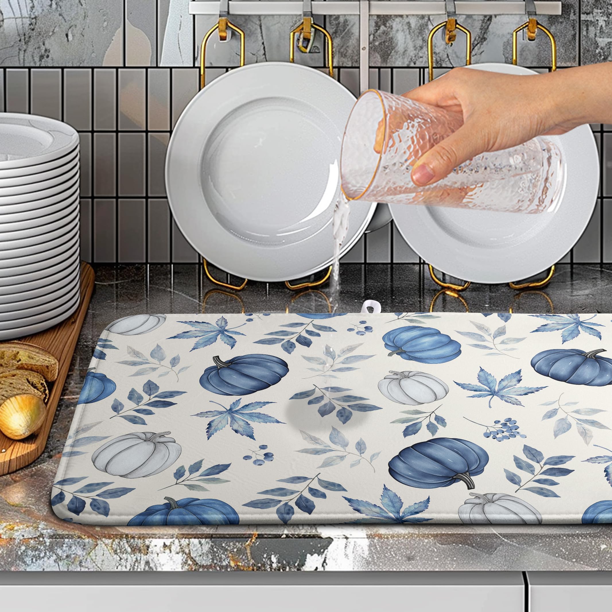 Wnoesat Fall Dish Drying Mat Blue Pumpkin Maple Leaves Drying Mats for Kitchen Counter 18x24 Inch Autumn Thanksgiving Absorbent