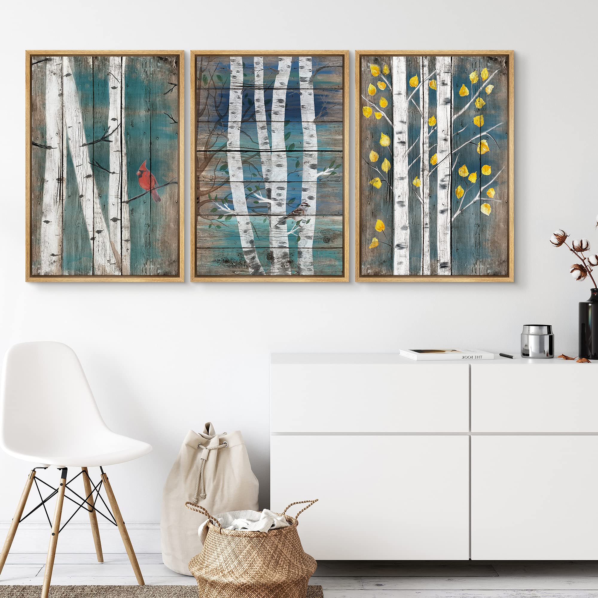 Signwin 3 Piece Framed Canvas Wall Art Wild Flowers On Wood Background Canvas Prints Home Artwork Decoration For Living Room,Bed