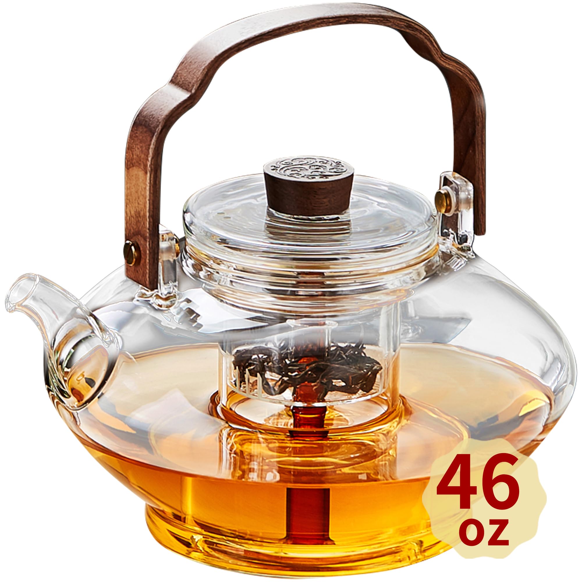 Glass Teapot With 2 Infusers For Stovetop Safe, Thickened Heat-Resistant Borosilicate Glass, 46 Fl Oz, Glass Tea Kettle For Bloo