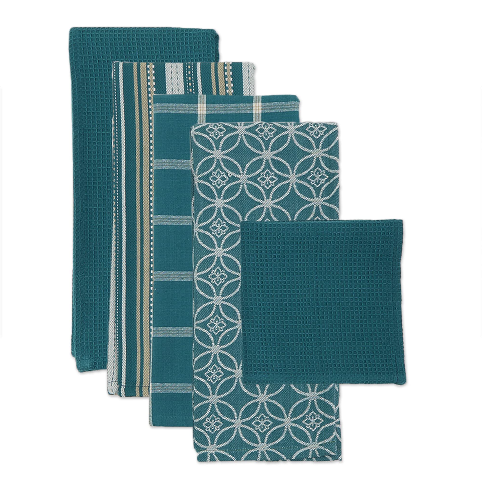Dii Assorted Woven Kitchen Set, Dishtowel, 18X28, Dishcloth, 13X13, Teal, 5 Piece