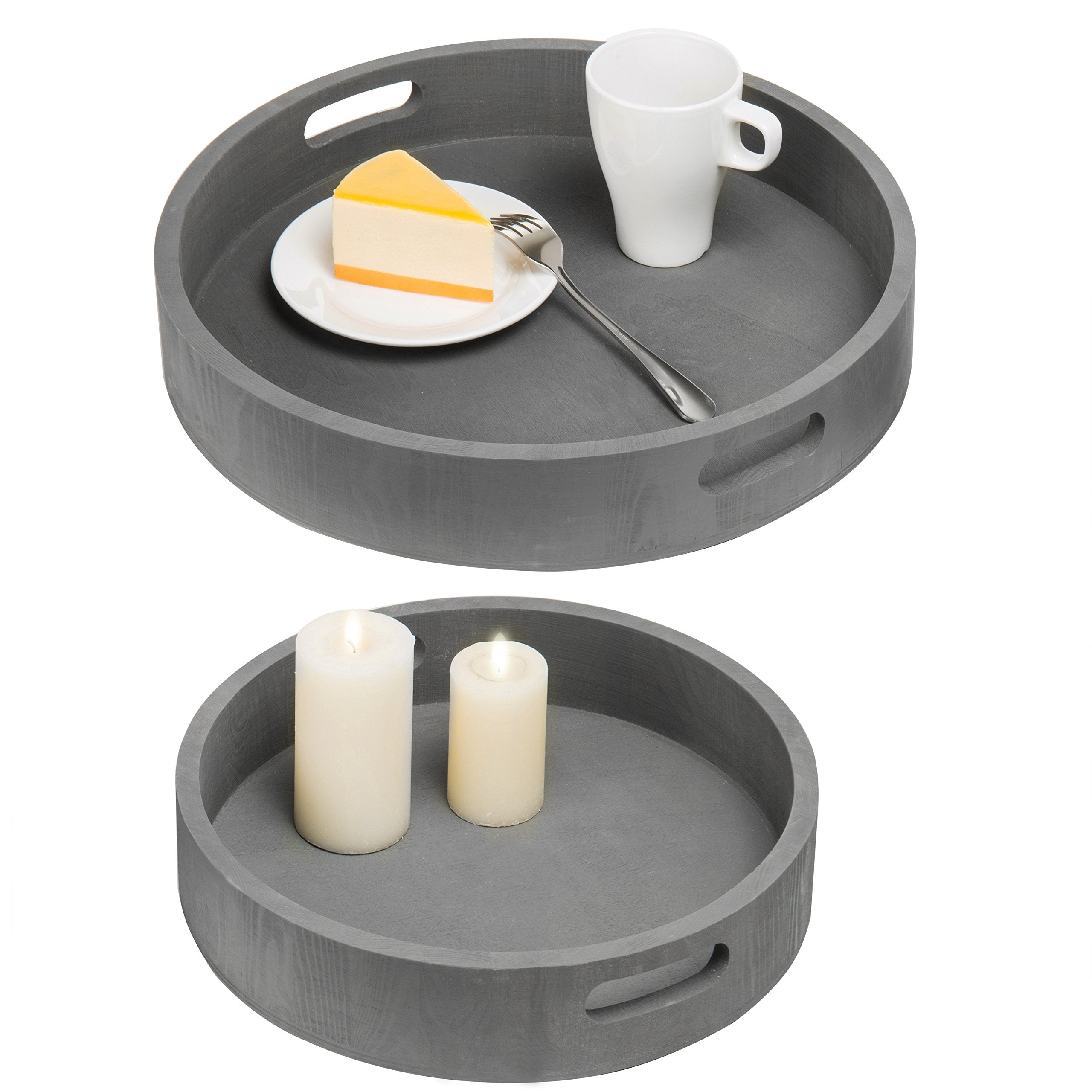 Mygift Rustic Charcoal Gray Wood Round Decorative Trays, 16 And 12 Inch Nesting Serving Trays, Set Of 2