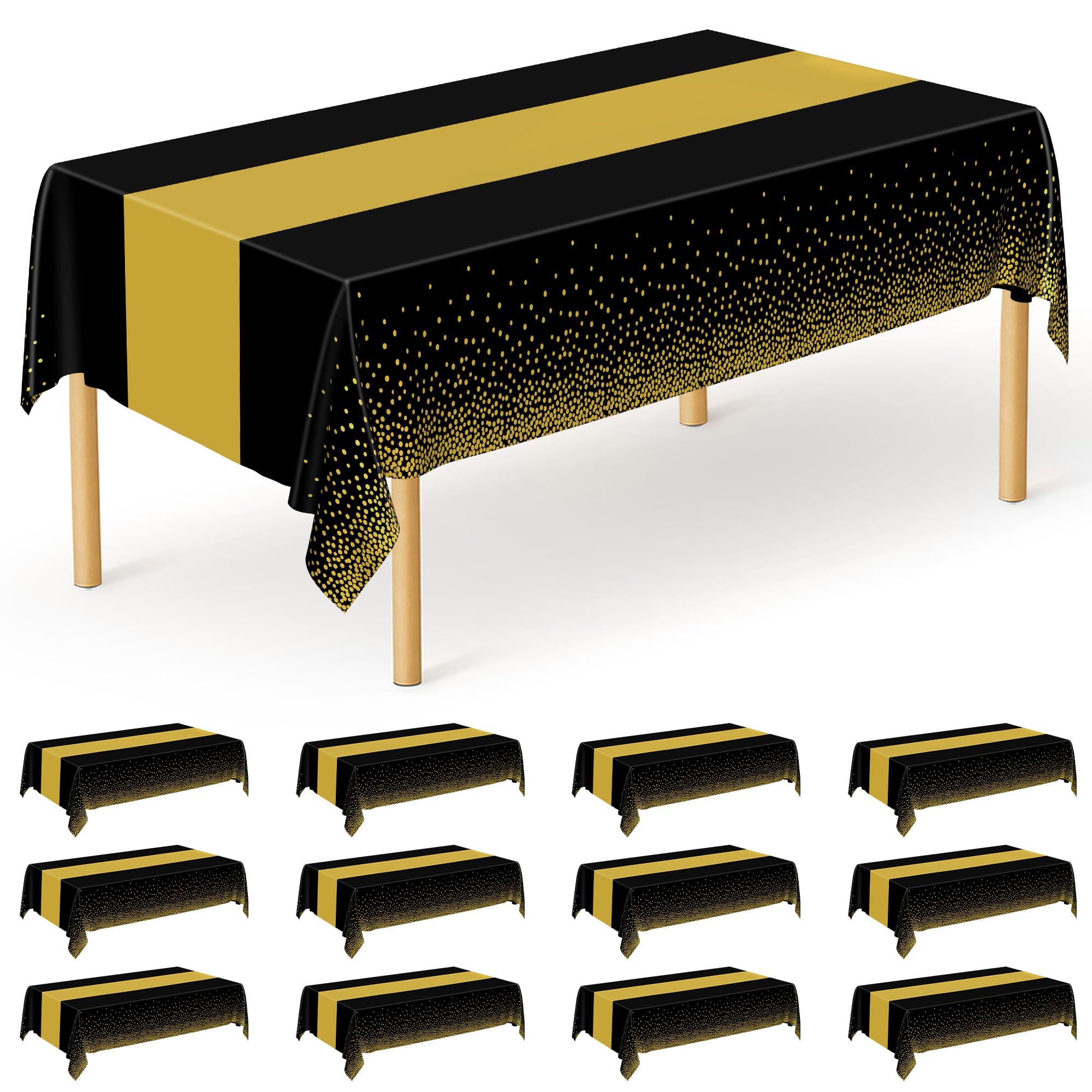 QZYL 12Pack Plastic Table Cloth Disposable, 54 x 108 Waterproof Black Table Cloths with Gold Dots, Outdoor Tablecloth for Rectan