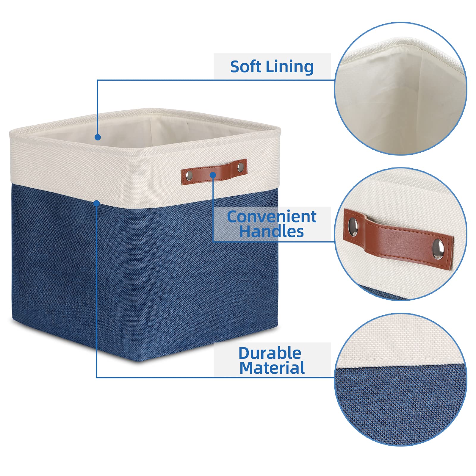 Temary Blue Storage Baskets for Shelves 13 Inch Cube Storage Bins 4Pack Fabric Cubes Basket with Handles for Organizing Shelf Baskets for Home Office Closet (White&Blue)