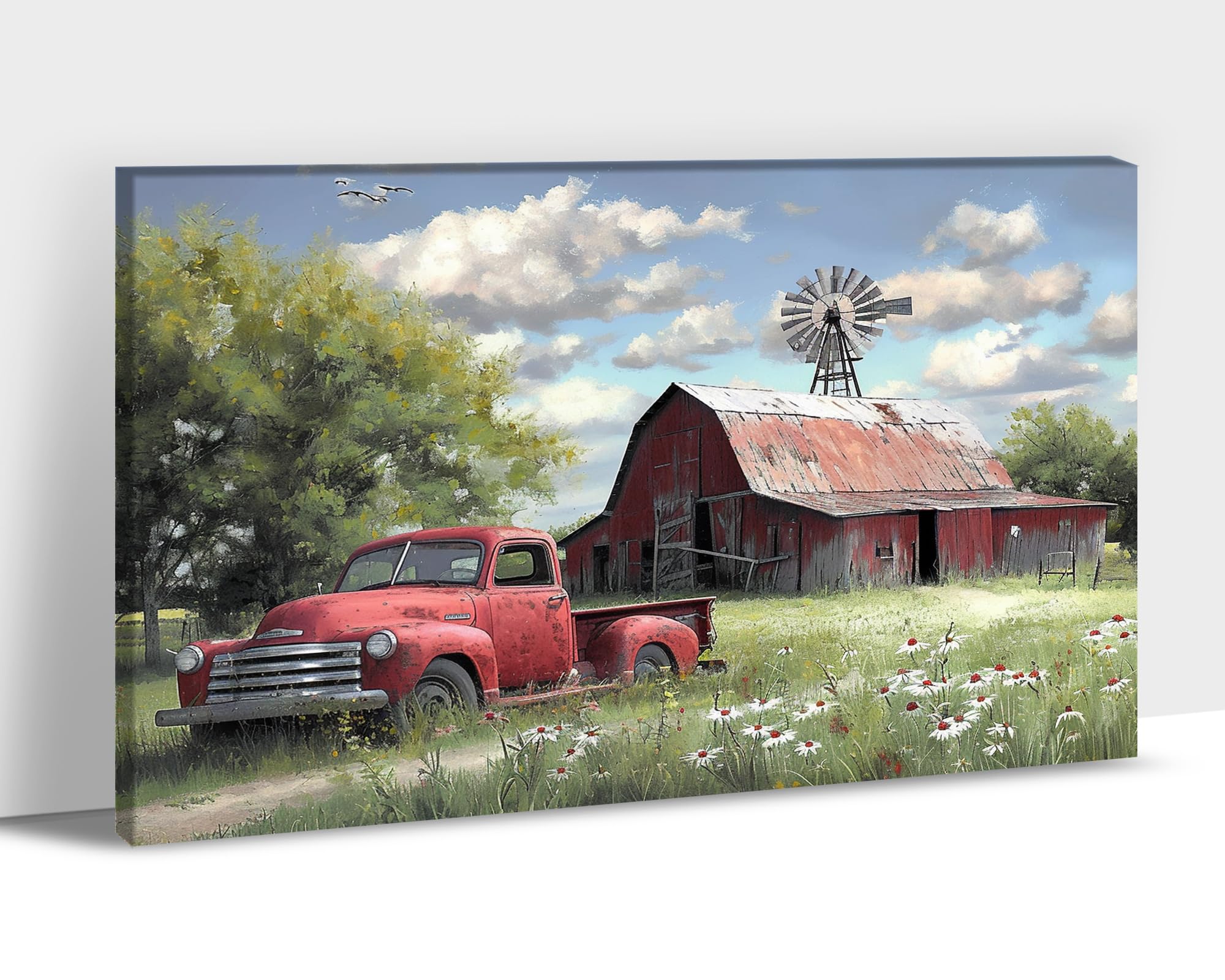 Farmhouse Old Truck Canvas Wall Art, Rustic Barn Pictures Wall Art, Vintage Country Pickup Truck Canvas Prints, Red Truck With G