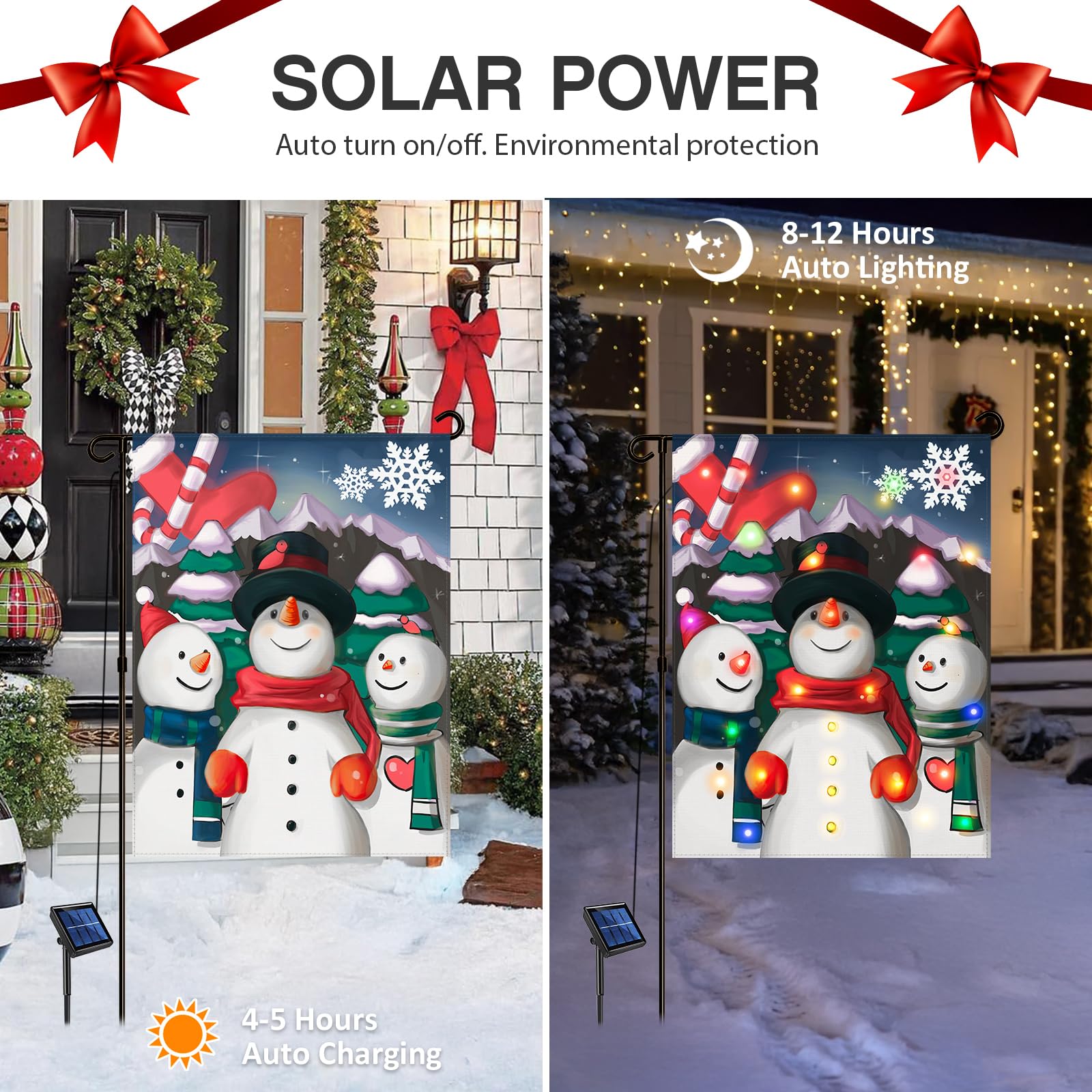 Candieslife Lighted Christmas Garden Flag, Solar LED Snowman Choir, 12x18 Double Sided Winter Decor, 8 Lighting Modes