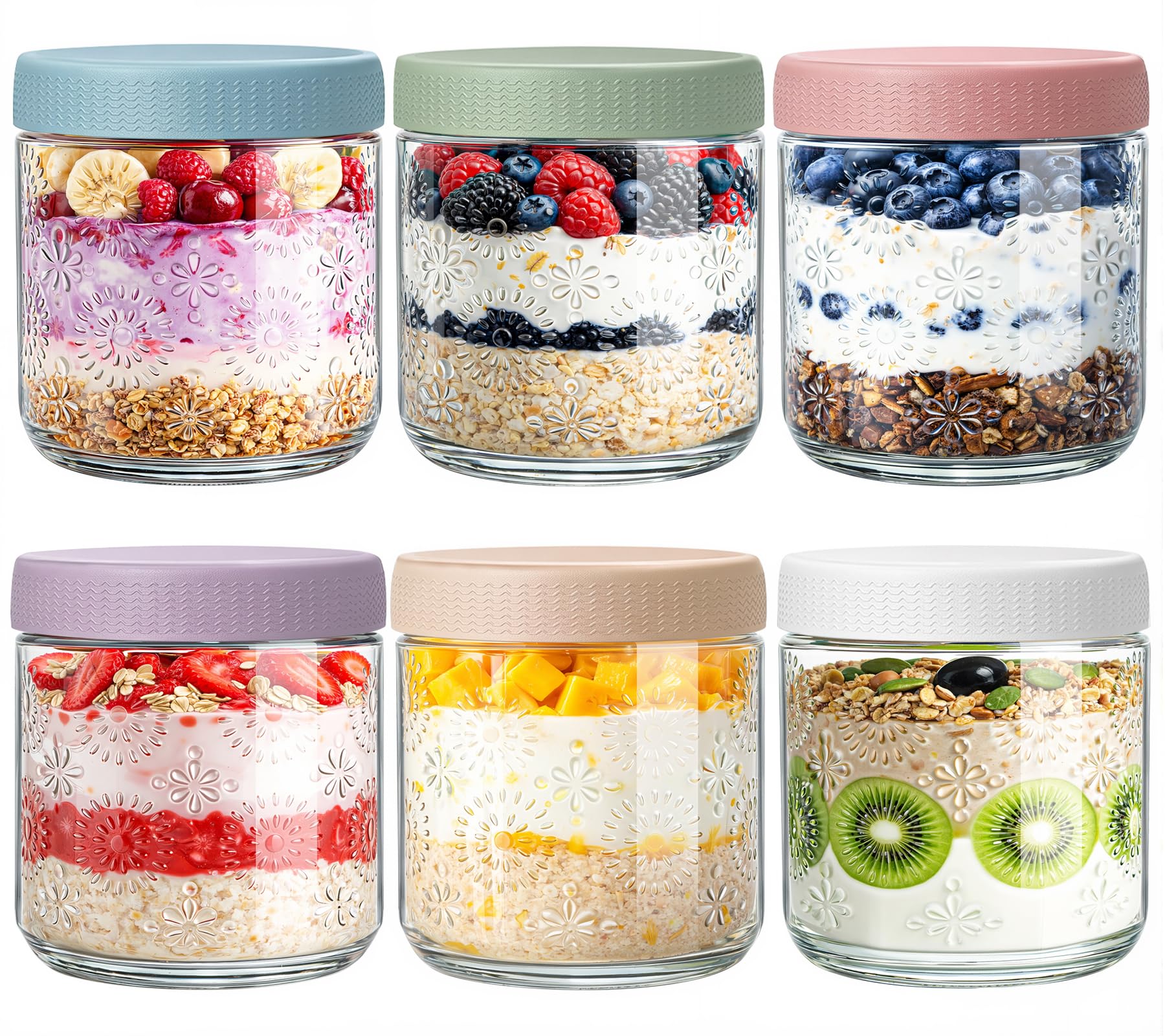 TRIFOLIC 16 Oz Glass Overnight Oats Jars with Lids, 6Pack