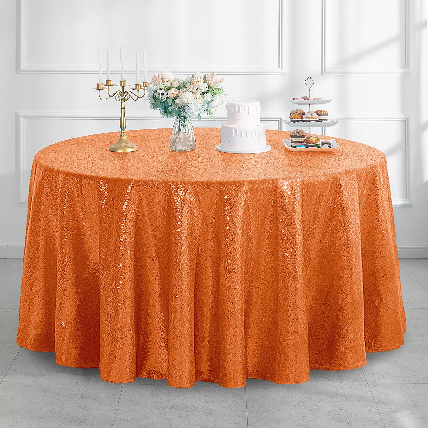 Pufogu 50'' Round Orange Sequin Tablecloth Glitter Orange Table Cloths for Birthday Wedding Bridal Baby Shower Party Decorations