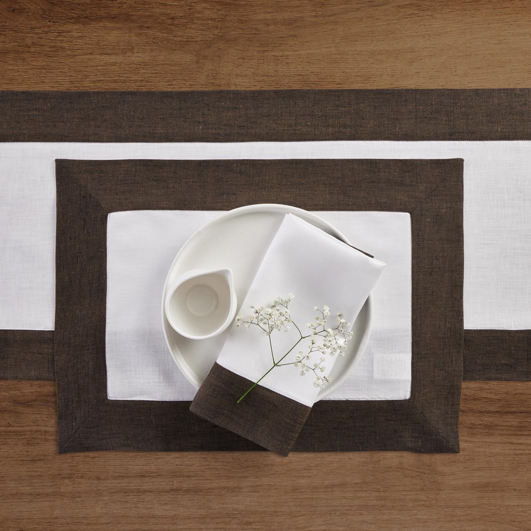 Solino Home Linen Placemats Set Of 4-100% Pure Linen Cloth Fabric Placemats Chambray Brown And White - 19'' L X 14'' W Inch Wash
