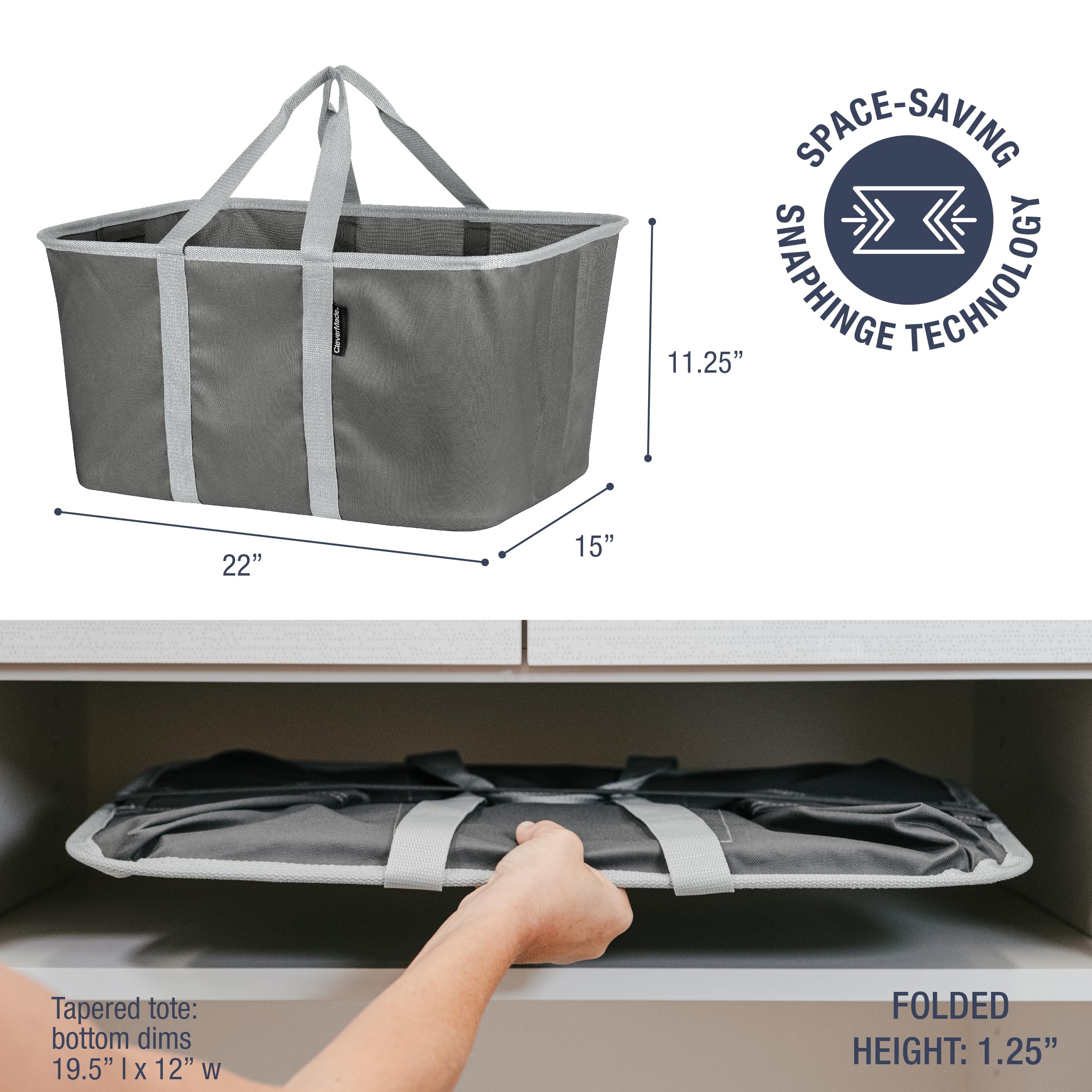 CleverMade Collapsible Fabric Laundry Baskets - Foldable Pop-Up Storage Container Organizer Bags - Large Rectangular Space Saving Clothes Hamper Tote with Carry Handles  Pack of 2  Charcoal