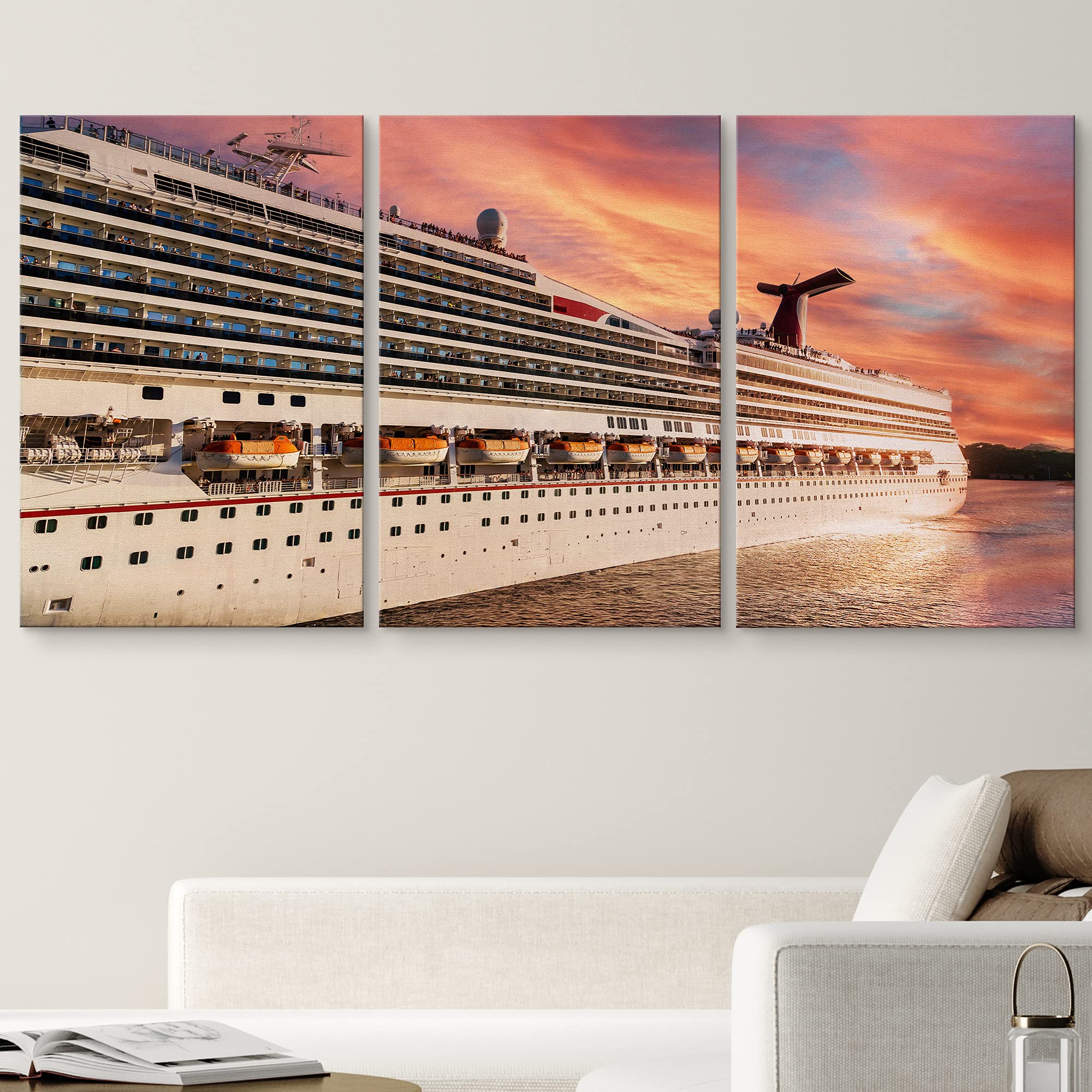 Wall26 Canvas Print Wall Art Set White Cruise Ship In Sunset Seascape Nature Ocean Photography Realism Nautical Scenic Colorful