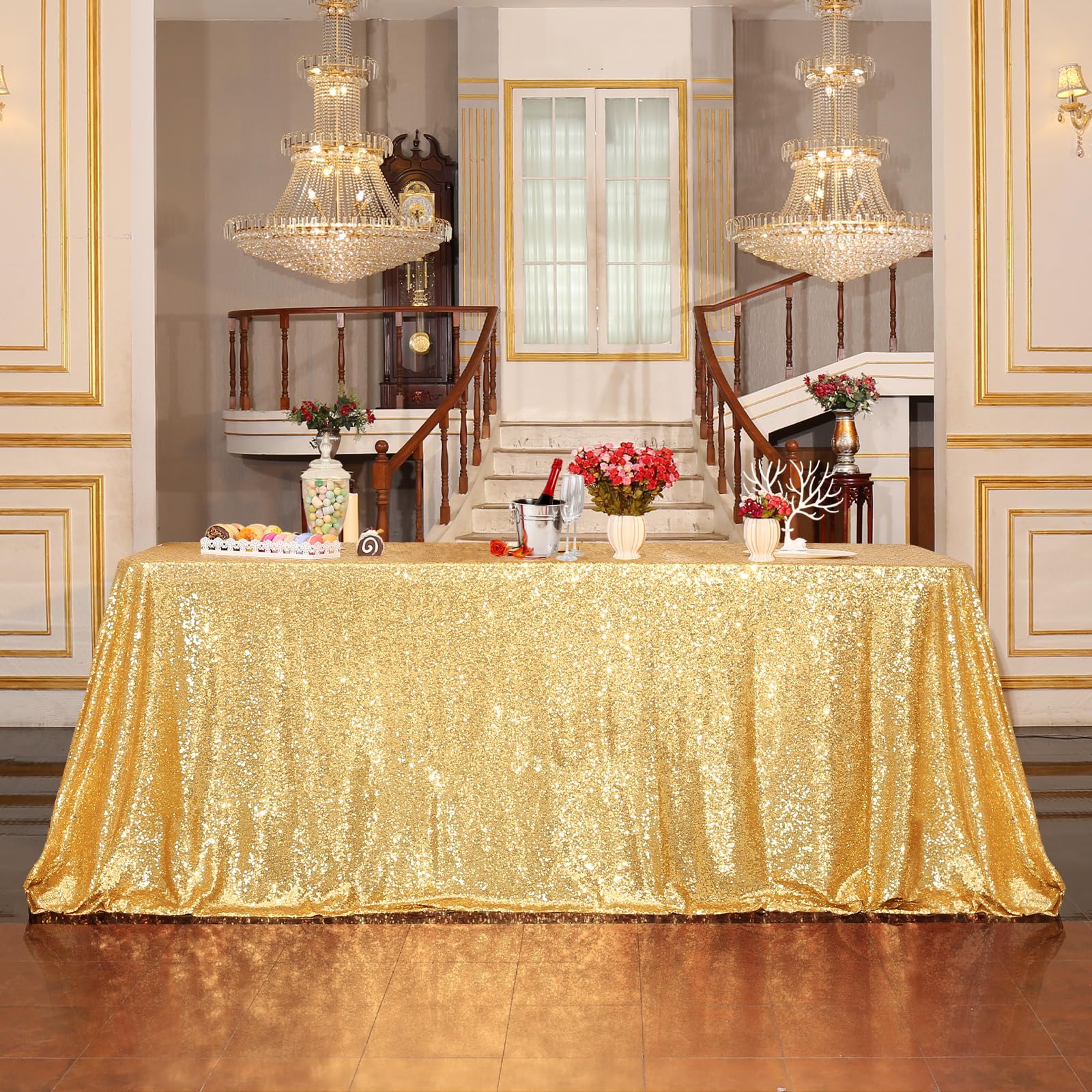 Partydelight 50''X80'' Rectangle Sparkly Gold Sequin Tablecloth For Wedding, Party, Christmas Decorations