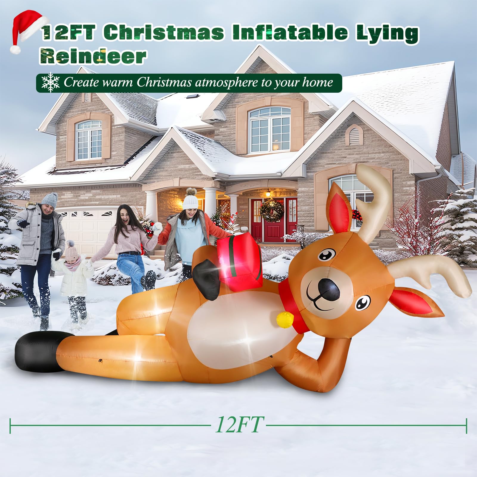 12 FT Giant Christmas Inflatable Reindeer Outdoor Decorations, Large Blow Up Reindeer with Gift Box Decor, Built-in LED Lights,
