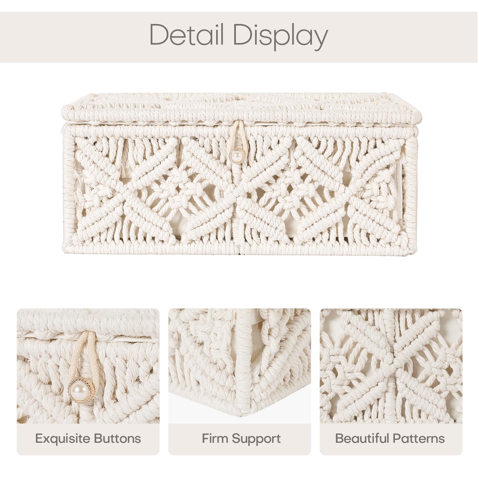 Anminy Macrame Storage Basket With Lid & 25Pcs Organza Gift Bags Bohemian Jewelry Box Handmade Woven Natural Cotton Rope Lidded