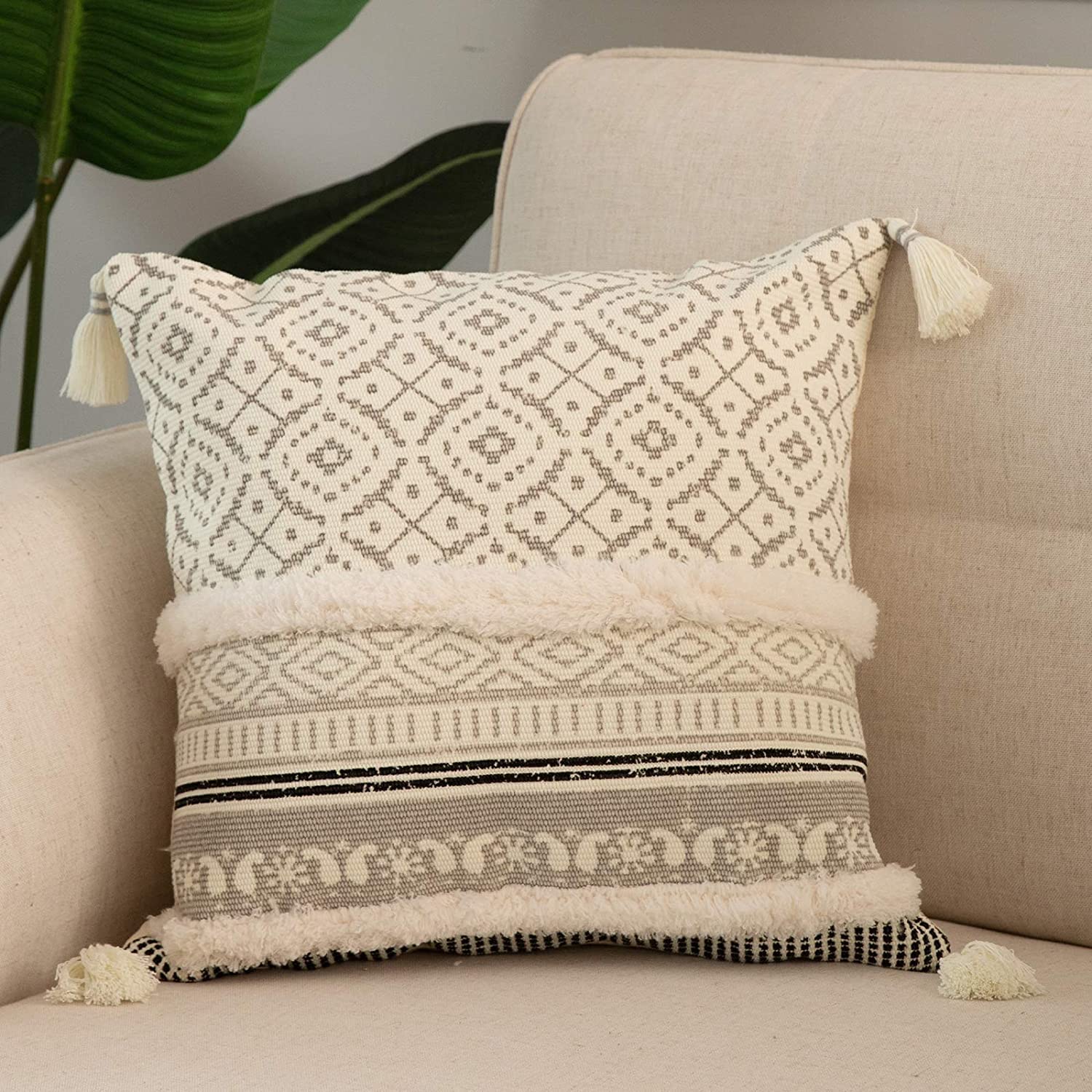Modern Homes Boho Tufted Decorative Throw Pillow Covers For Couch Sofa - Moroccan Style Cushion Covers With Tassels, Accent Deco