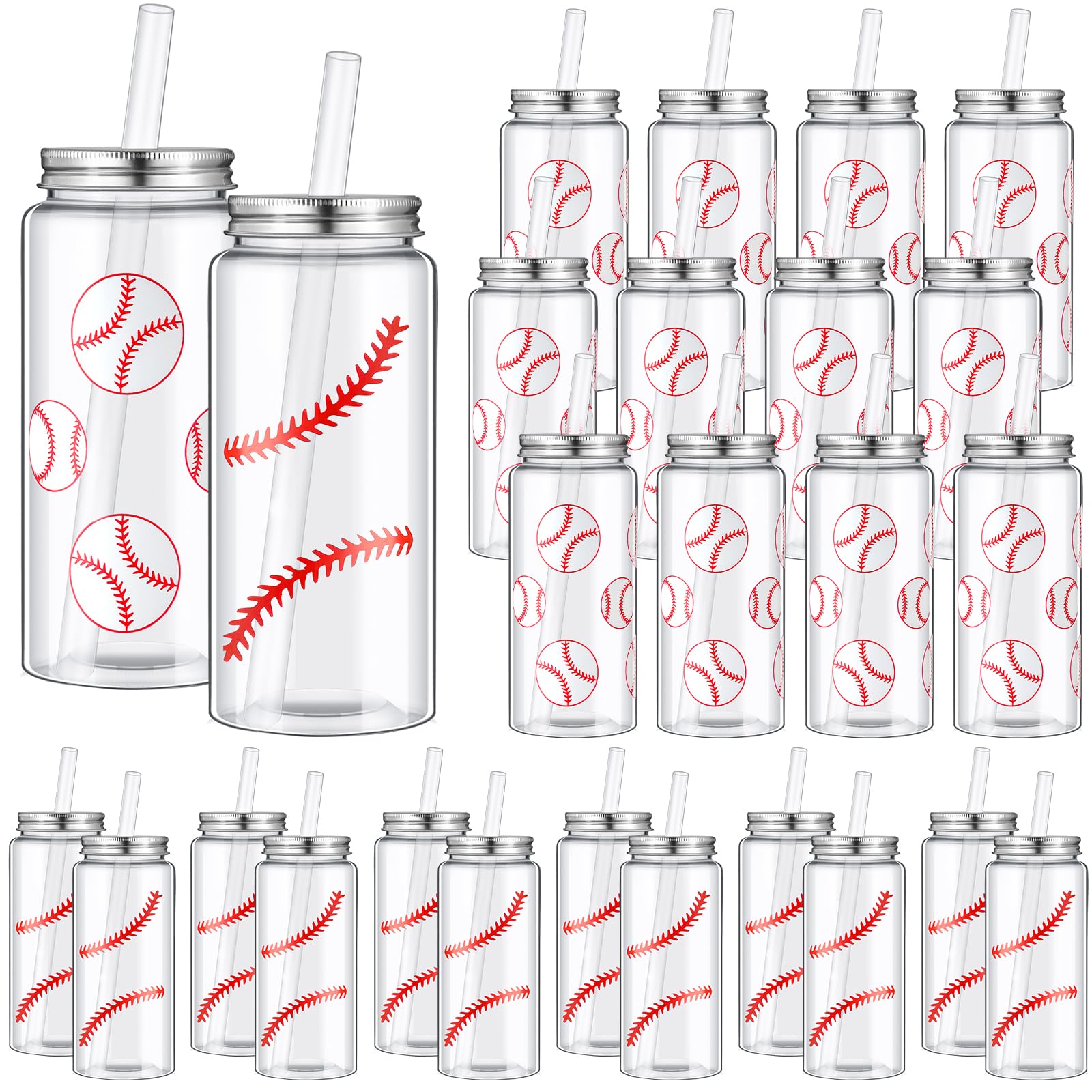 Maxdot 24 Pack 14.2 OZ Baseball Plastic Cups with Lid and Straw Bulk Baseball Cup with Lid and Straw Clear Reusable Plastic Juic