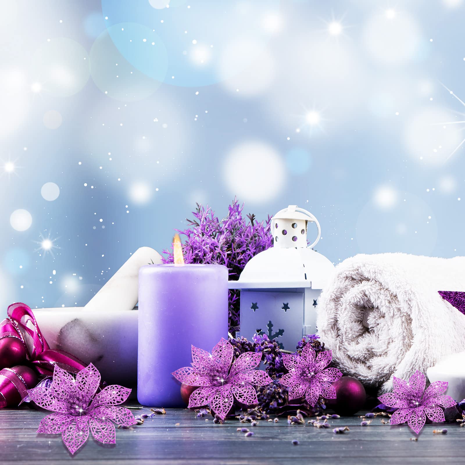 WILLBOND 36 Pieces Christmas Poinsettia Flowers Artificial Ornaments Glitter Christmas Decorations Tree Wedding New Year(Purple)