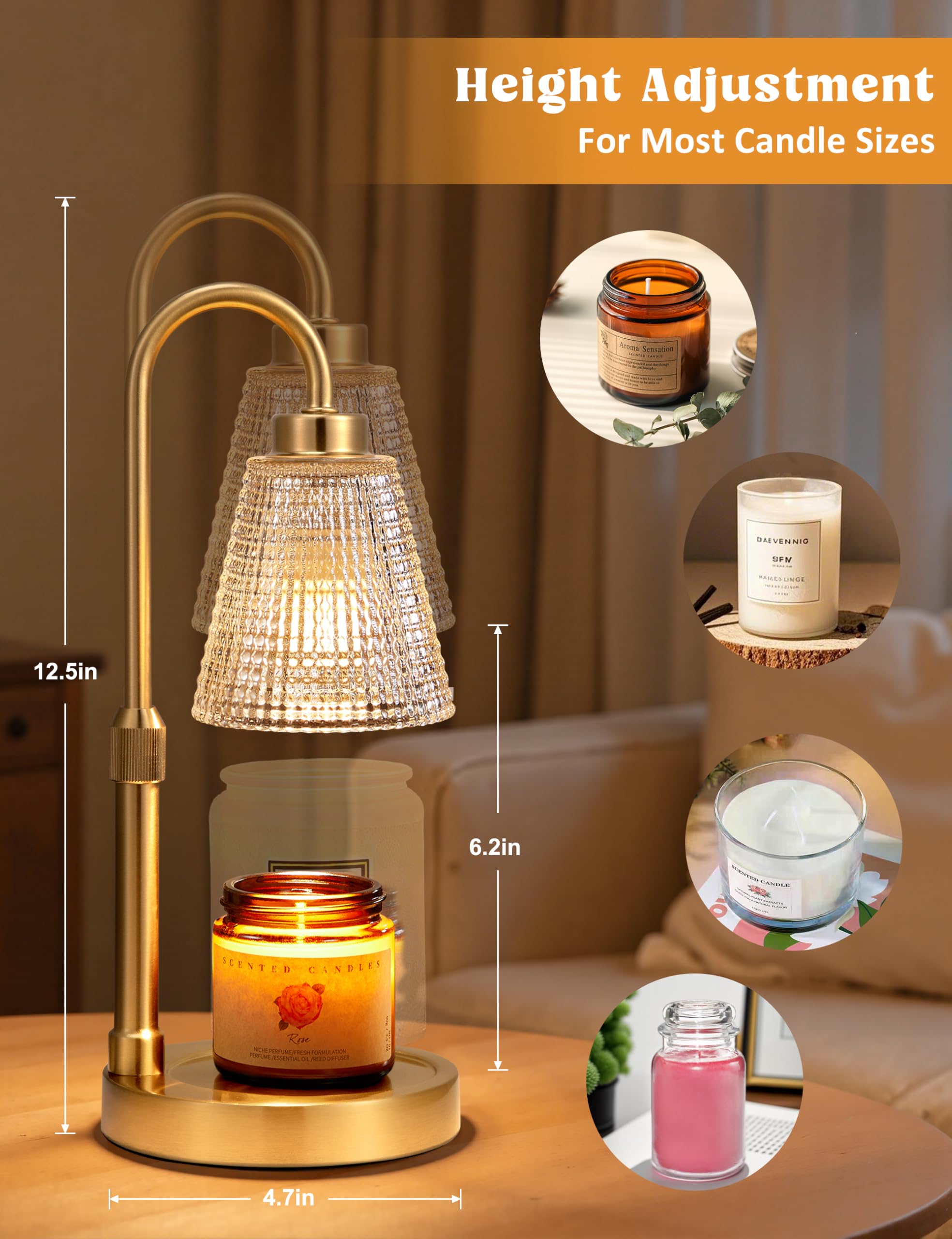 Innqoo Gold Candle Warmer Lamp with Timer, Dimmable Candle Warmer for Jar Candles, Height Adjustable Wax Melts Warmer, Birthday
